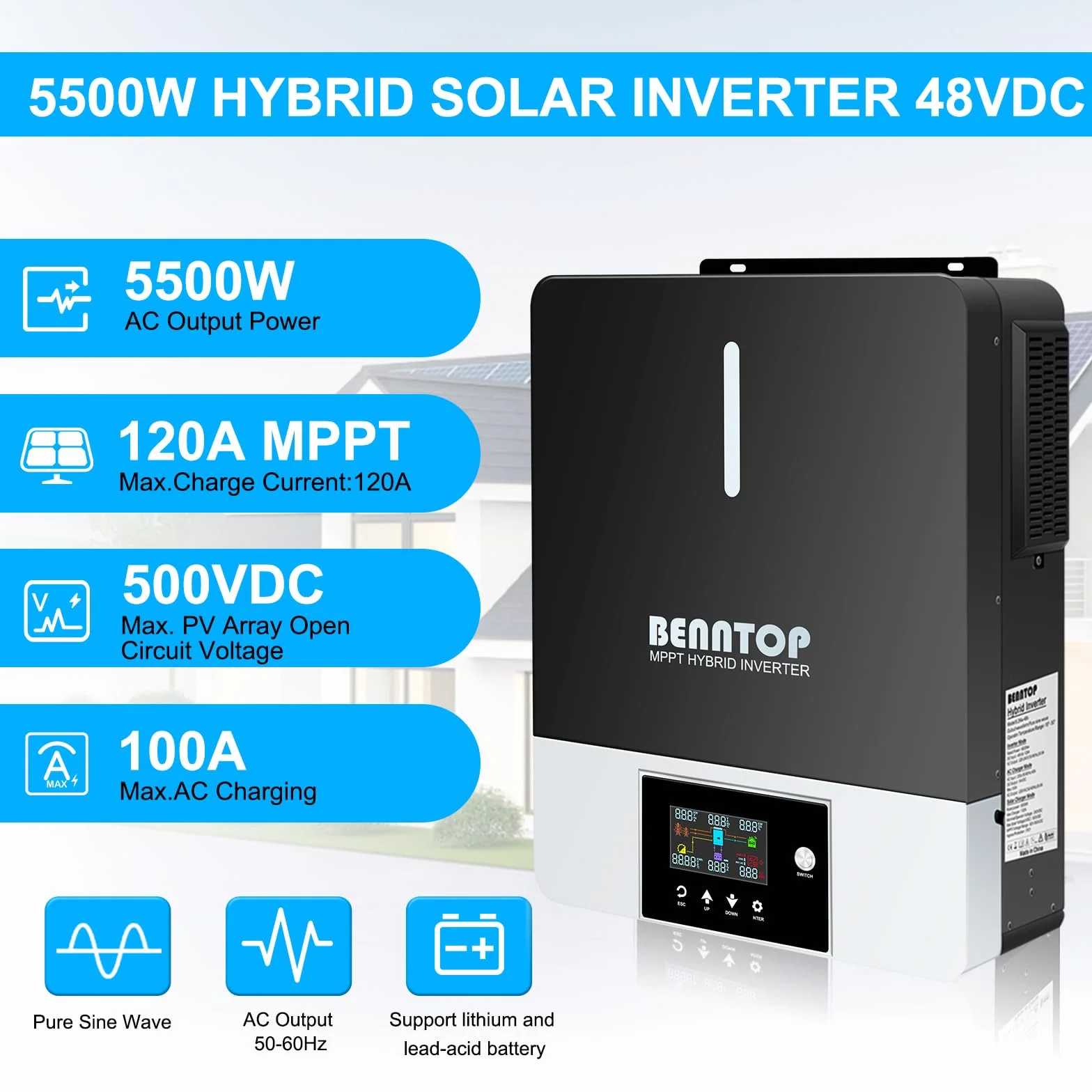 5500W Inversor Híbrido 48V,Off-Grid Inversor Solar Híbrido 48V de Onda Sinusoidal Pura,MAX.PV 500Vdc,120A MPPT,para autocaravanas, familias, Camping