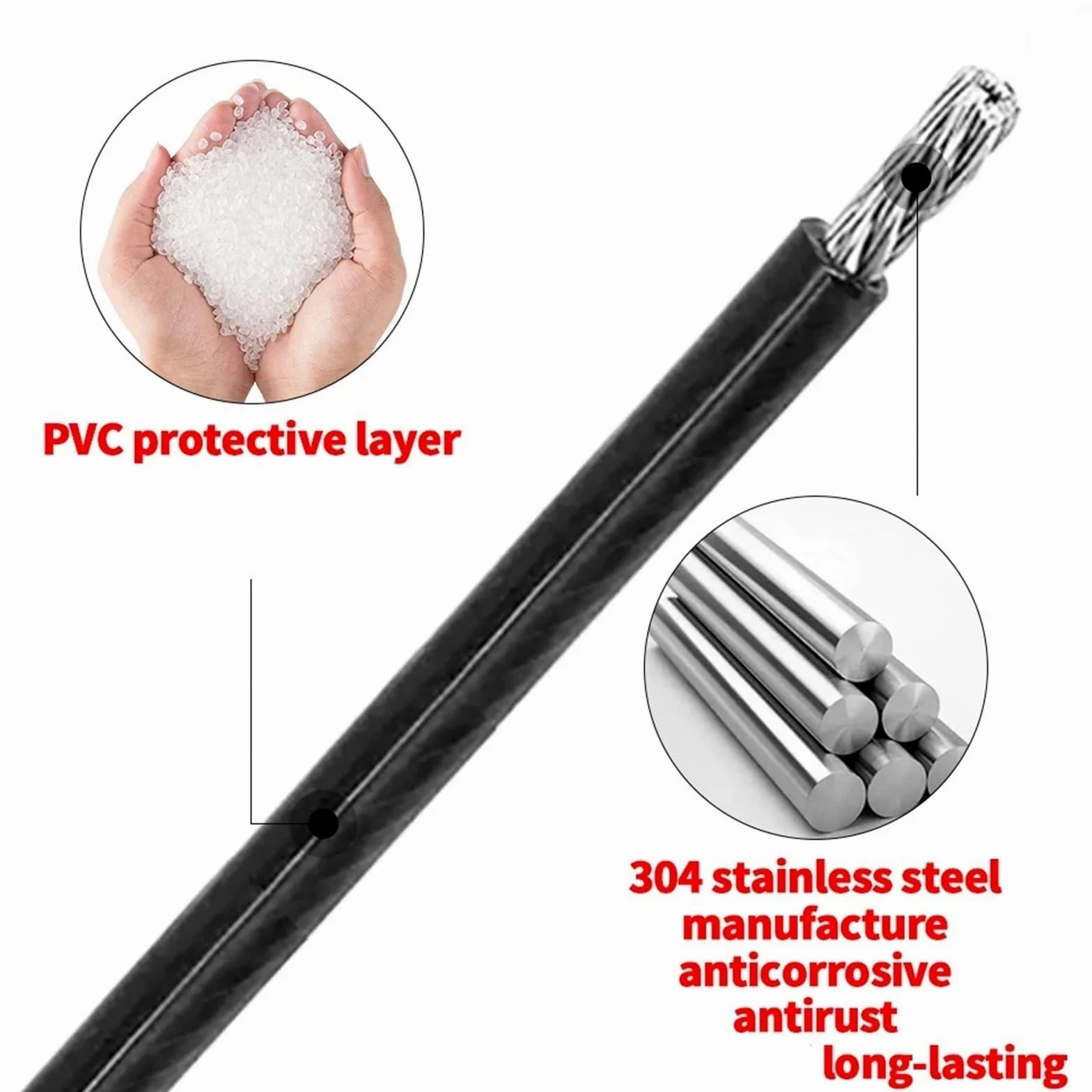 Alambre De Acero Plastificado Cable de acero inoxidable 304 con revestimiento PVC negro 2/3/4/5/6 mm, 50 m, buena resistencia a la corrosión(3.0mm)