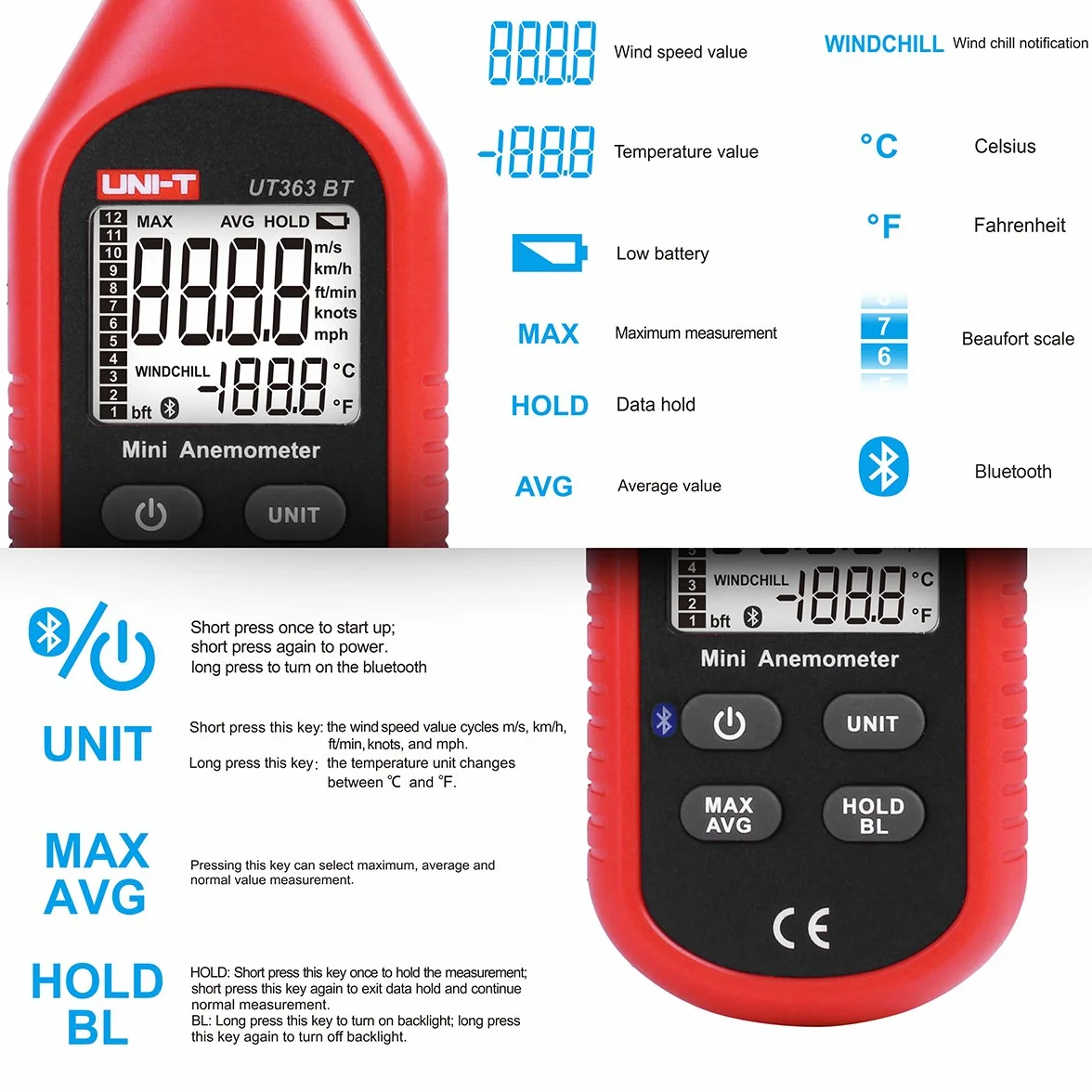 Anemómetro de mano UT363BT Bluetooth digital con termómetro