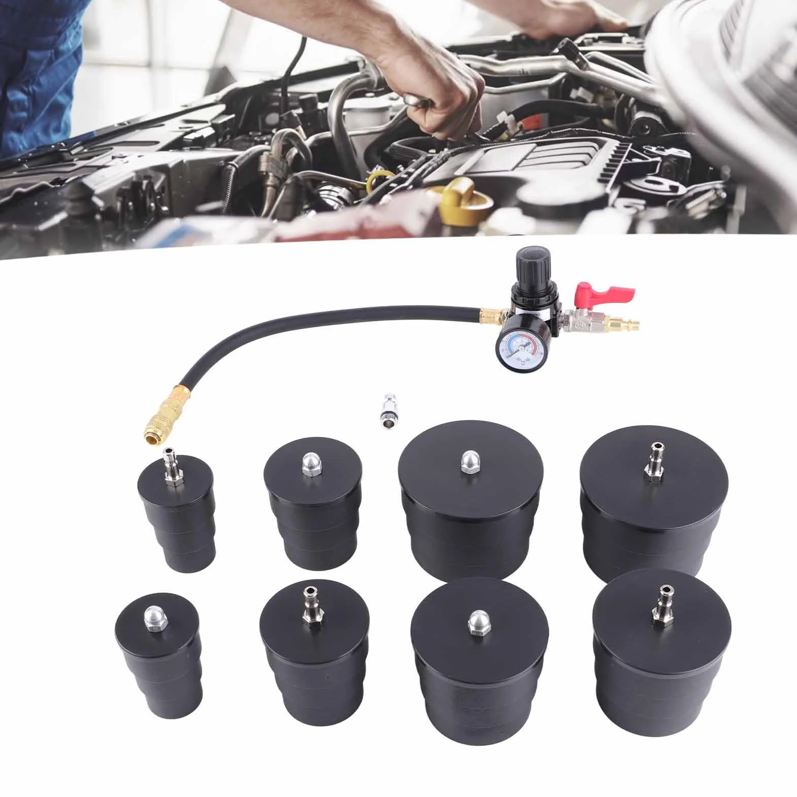 Kit de prueba de fugas del turbo de 9 piezas, probador de fugas de sobrealimentación de turbocompresor con manómetro de 0 a 6 bares, incluye 4 adaptadores escalonados para