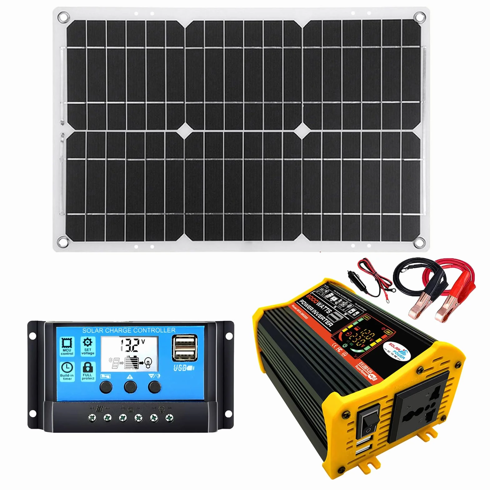 Sistema de generación de energía solar Panel solar USB dual de 25 W + inversor de corriente de 6000 W CC 12 V a CA 110 V/220 V con pantalla LCD inteligente Puertos de cargador USB duales controlador
