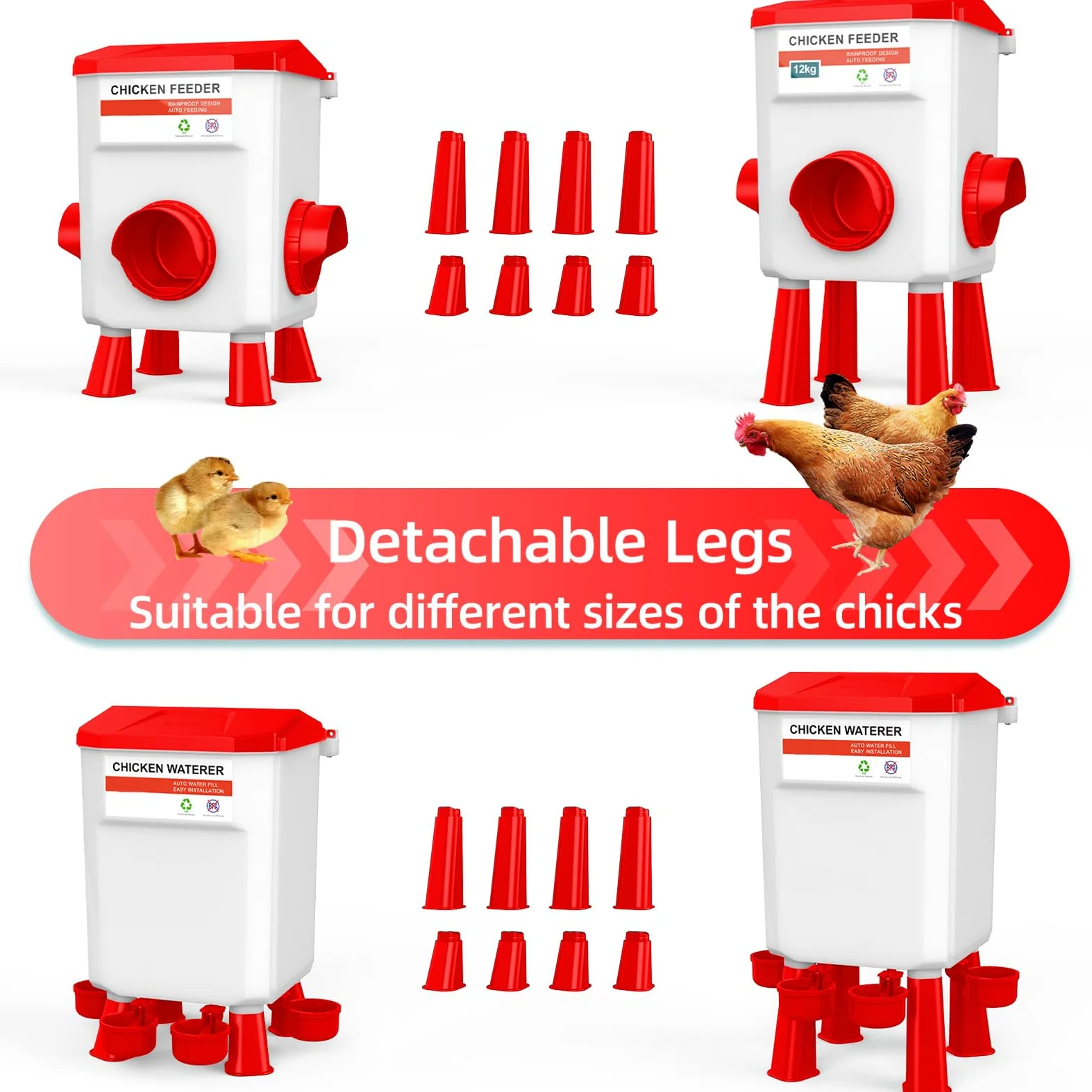 Juego de comedero de pollo de 12 kg y bebedero de 11 L, comederos y bebederos de pollo, comederos de pollo sin residuos, comedero de aves de corral al aire libre con patas desmontables hasta