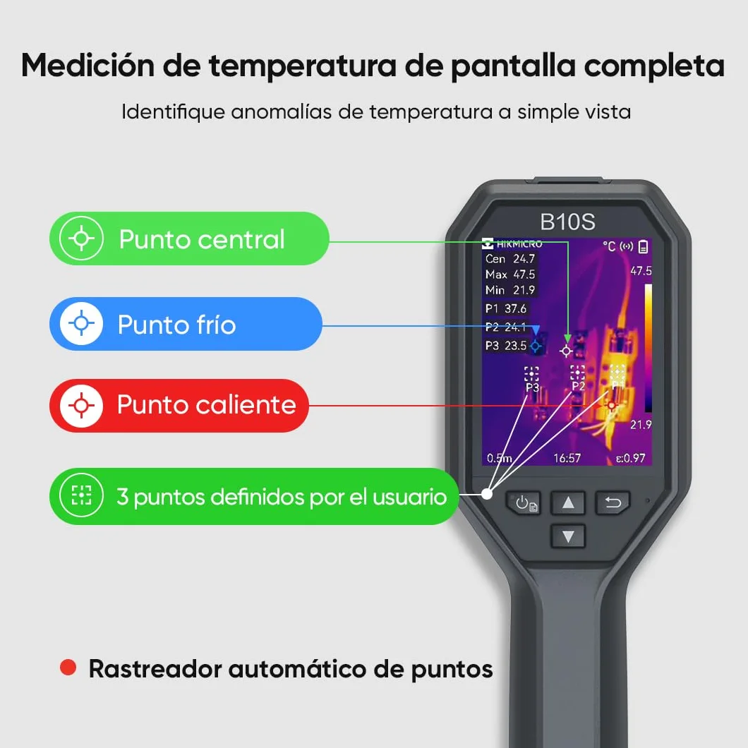 Cámara térmográfica HIKMICRO B10S con resolución IR 256 x 192, con cámara visual de 2MP, cámara de imagen térmica para inspección del hogar, 25 Hz, LCD de 3,2" Resolución 640 × 480, IP54, -20°C~550°C