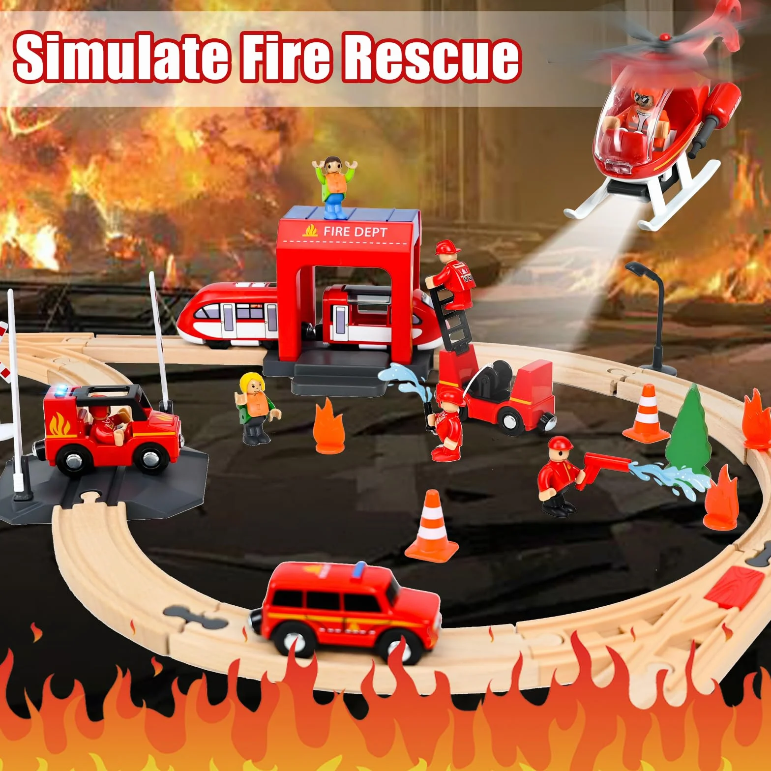 Juego de Tren de Madera para Niños, 69 Piezas, Pistas de Tren Eléctrico + Coche de Bomberos + Equipo de Rescate
