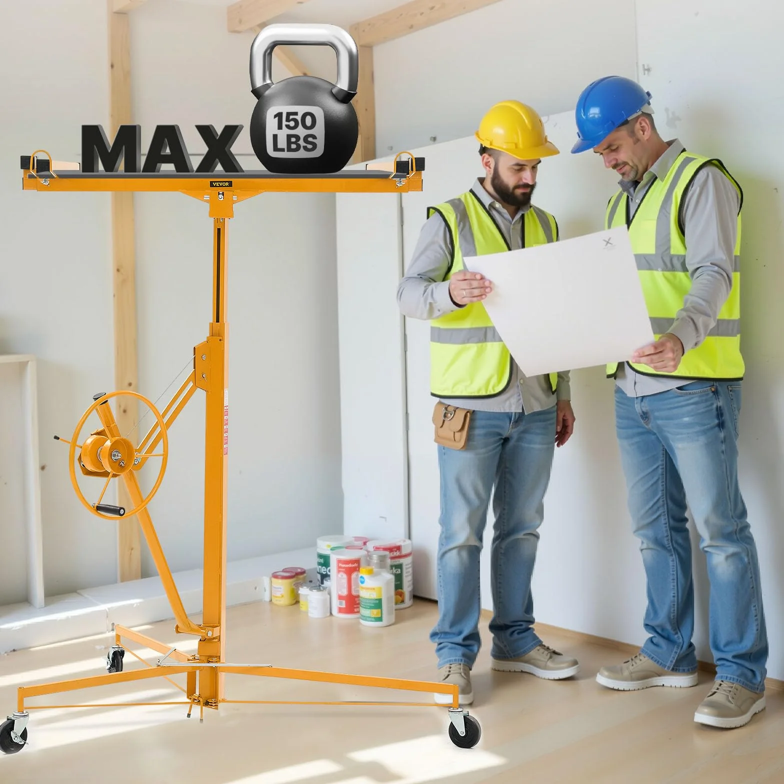 VEVOR Elevador de Placas de Yeso, con Brazo Telescópico Ajustable 1245–2921 mm, Capacidad de Carga de 68 kg, Altura de 3353 mm, para Montaje en Techo y Pared, 1530 x 1530 x 1450 mm, Amarillo