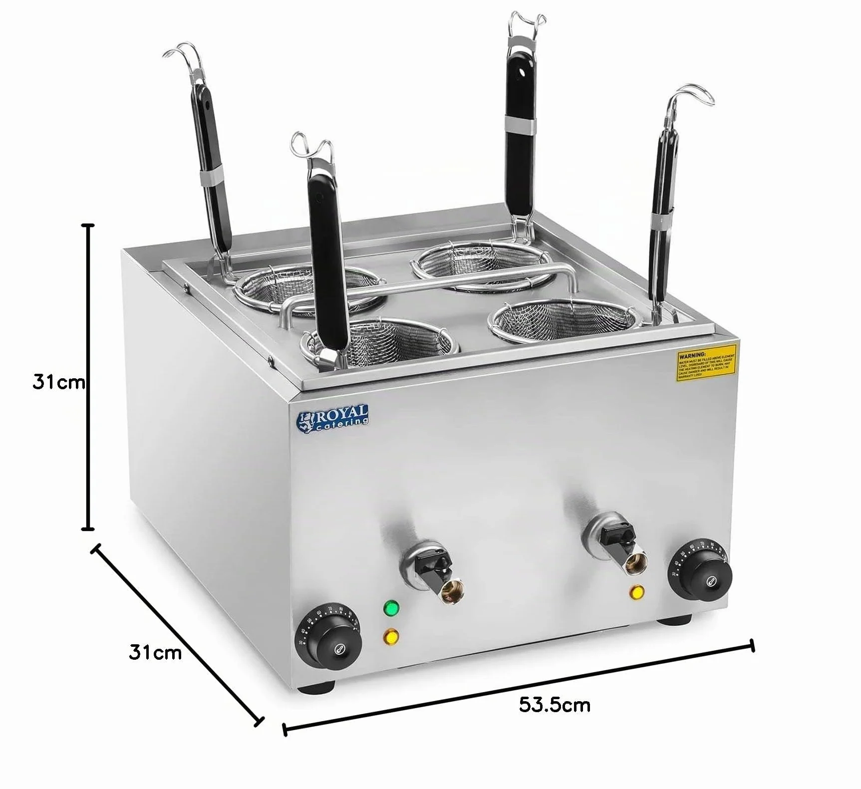 Royal Catering RCNK-4 - Cocedor de pasta eléctrico (4 L, 4 cestas, 2 x 1500 W, 230 V, grifo de drenaje, acero inoxidable)
