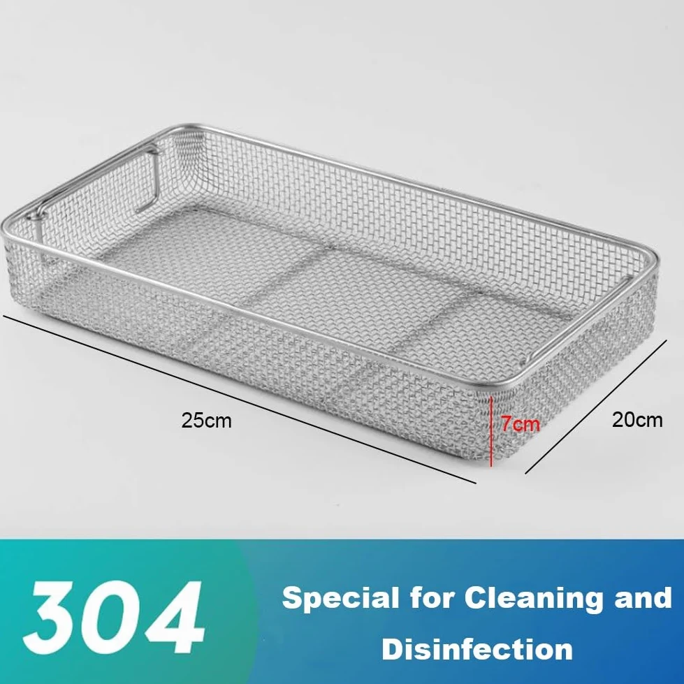 Cesta de esterilización, malla de acero inoxidable 304 perforada con asa retráctil para laboratorio de hospital, 25 cm x 15 cm x 7 cm