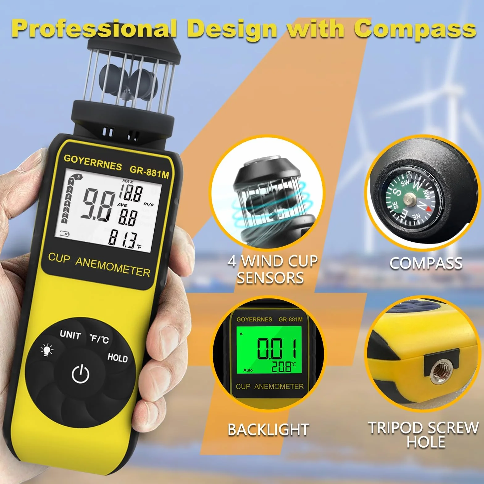 Anemómetro Digital Portátil GR-881M con Brújula Medir Velocidad del Viento Temperatura Volumen de Aire