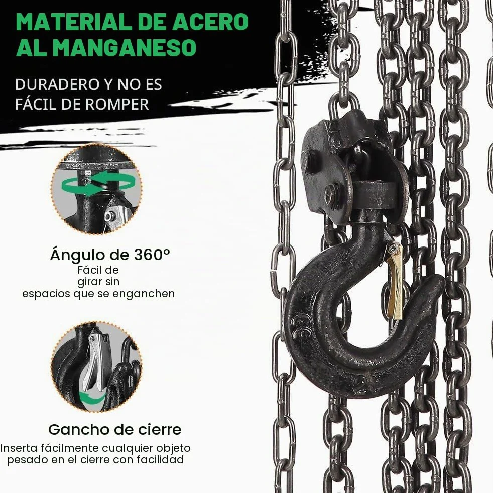 Polipasto de Cadena Manual con Gancho Resistente STANEW, Altura de Elevación 6,0 m, Verde,Doble Cadena de Carga,G80, Gancho de Elevación con Seguridad (2 toneladas 6,0 m)