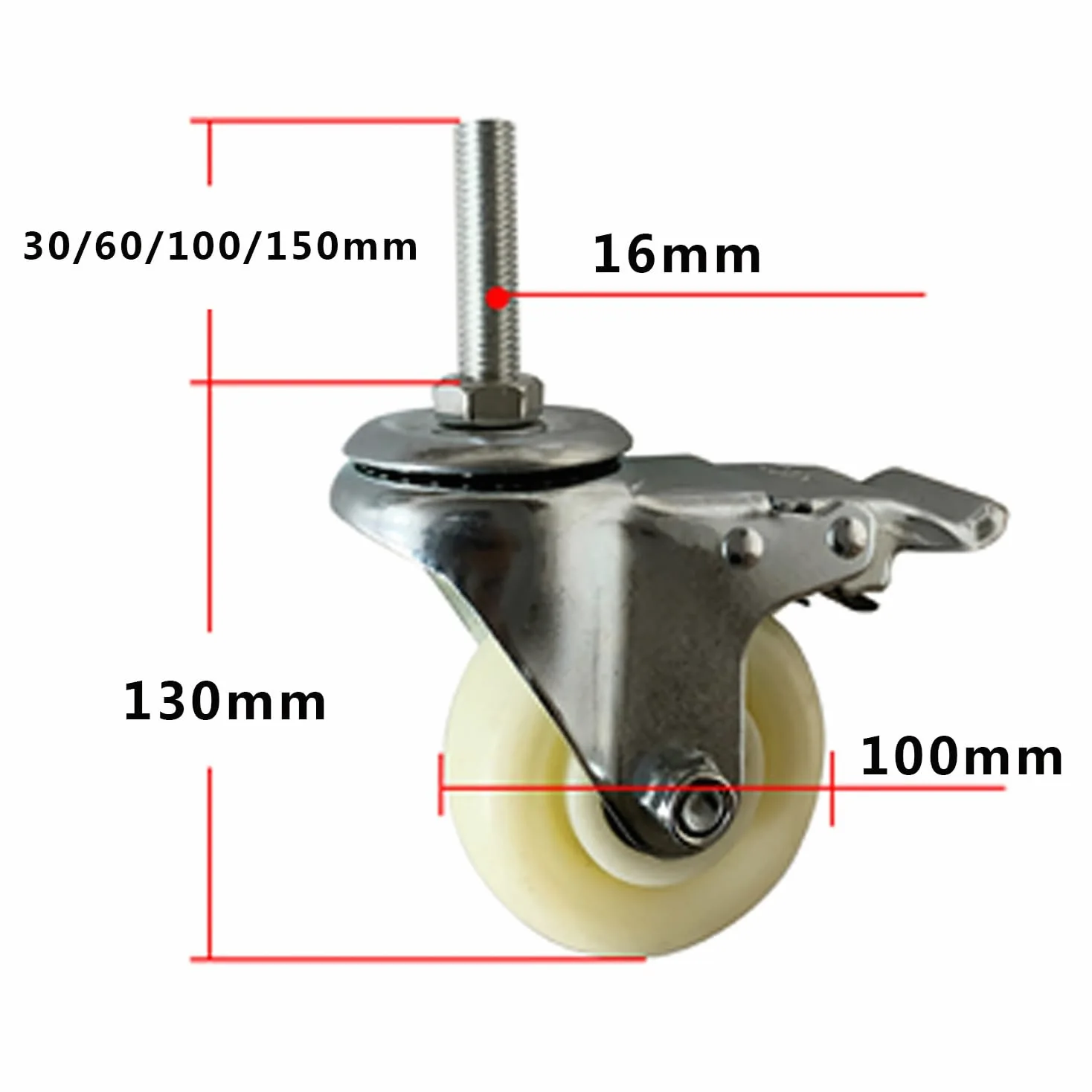 Ruedas giratorias de 100 mm con vástago y rodamiento M16*60/100 mm, Resistentes, con vástago roscado y Bloqueo, antidesgaste Industrial, para Muebles, Paquete de 4 (con Freno M16*60)