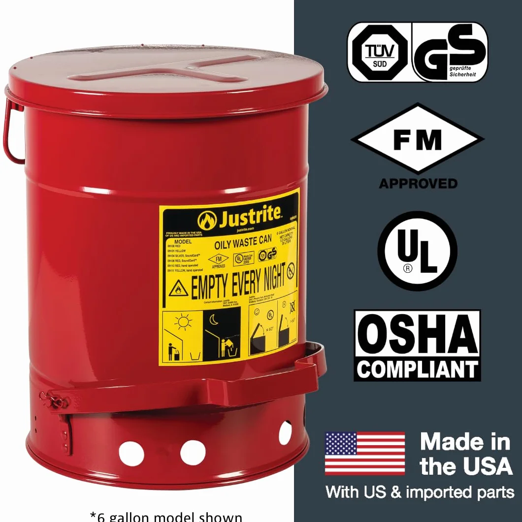 Justrite SoundGuard - Cubo de basura de acero con tapa con control de pie (38 L), color rojo