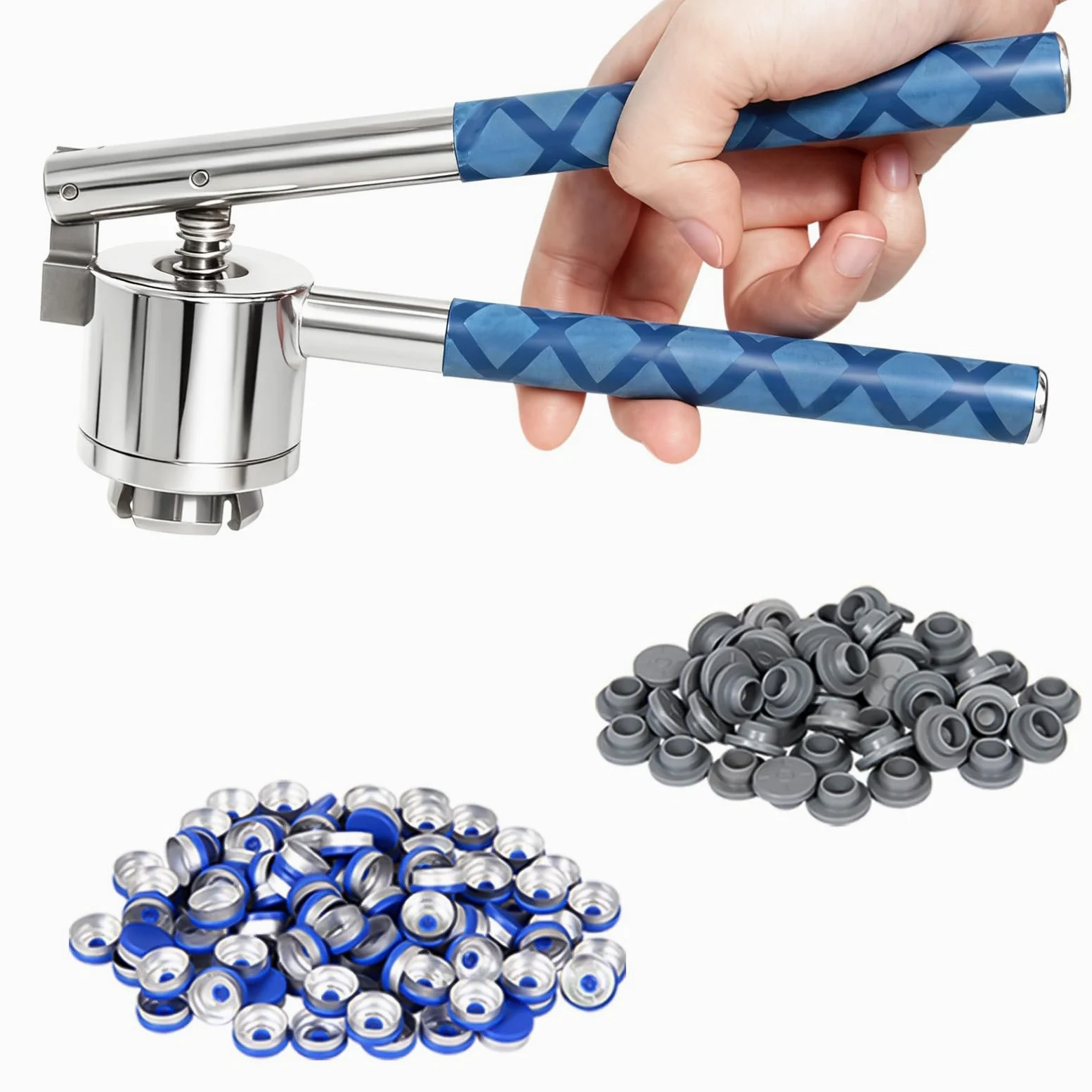Engarzadora de frasco de 20 mm, 100 tapas de tapa abatible y 100 tapones de goma incluidos