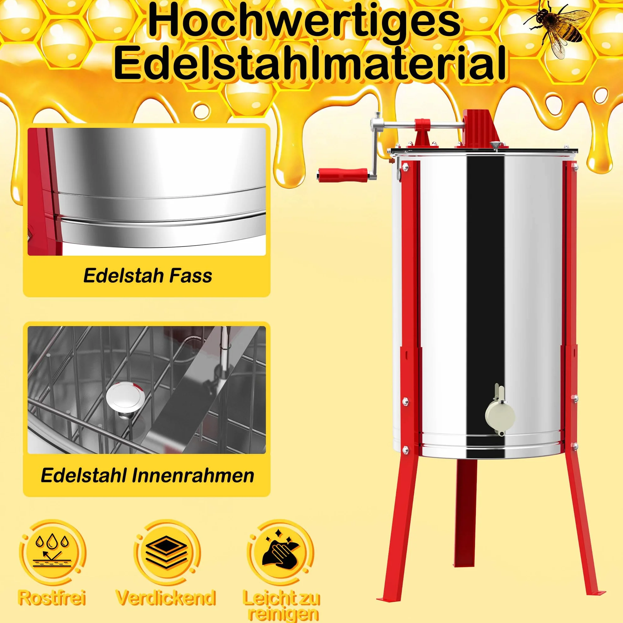 XMTECH Extractor de miel manual con 2 panales de abeja de acero inoxidable, extractor de miel tangencial con tapa de visión y ajuste de altura, tirachinas para aficiones y profesionales, salida de