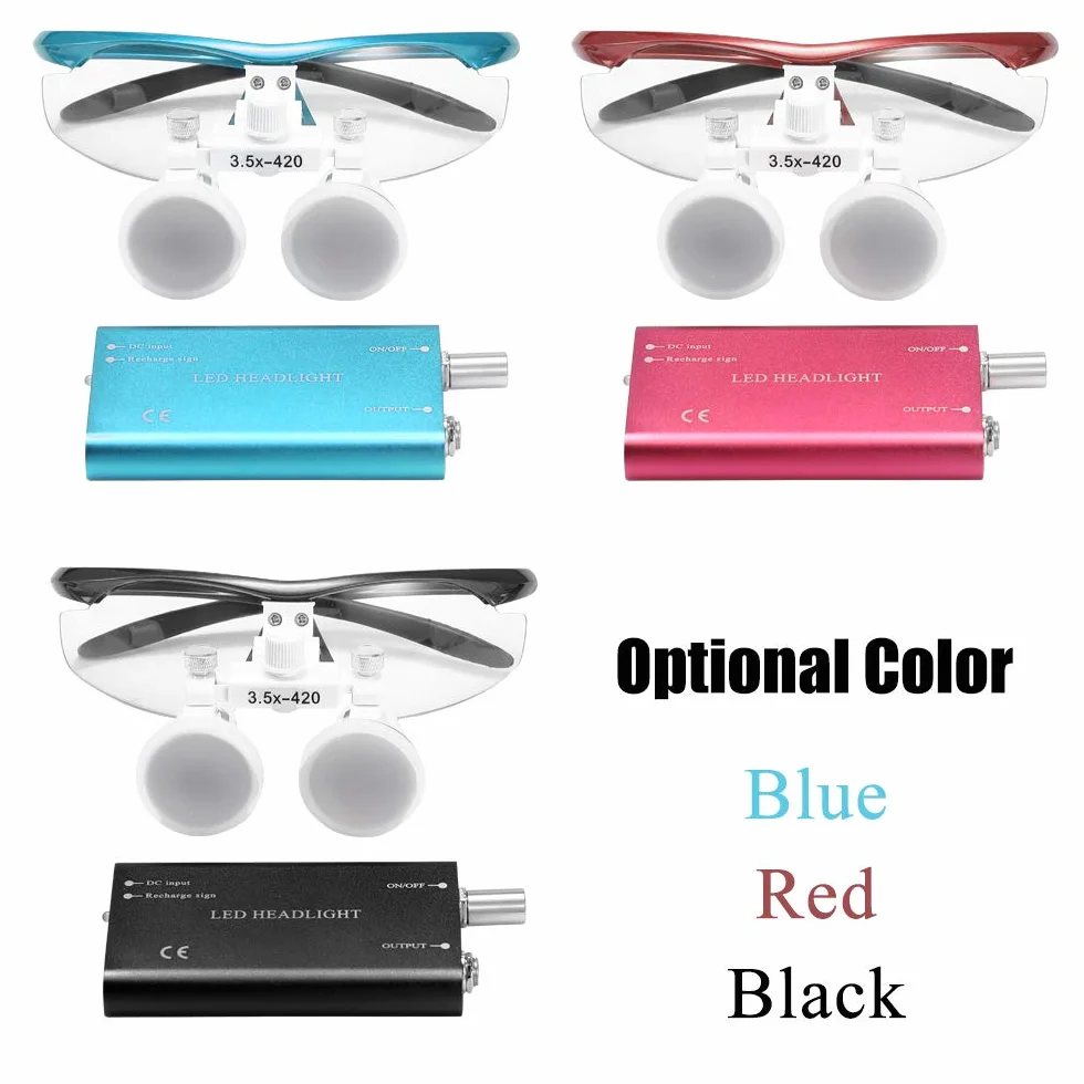 Lupa portátil 3.5X 420mm Quirúrgica Médica Lupas binoculares Auriculares de Vidrio óptico con LED 3W