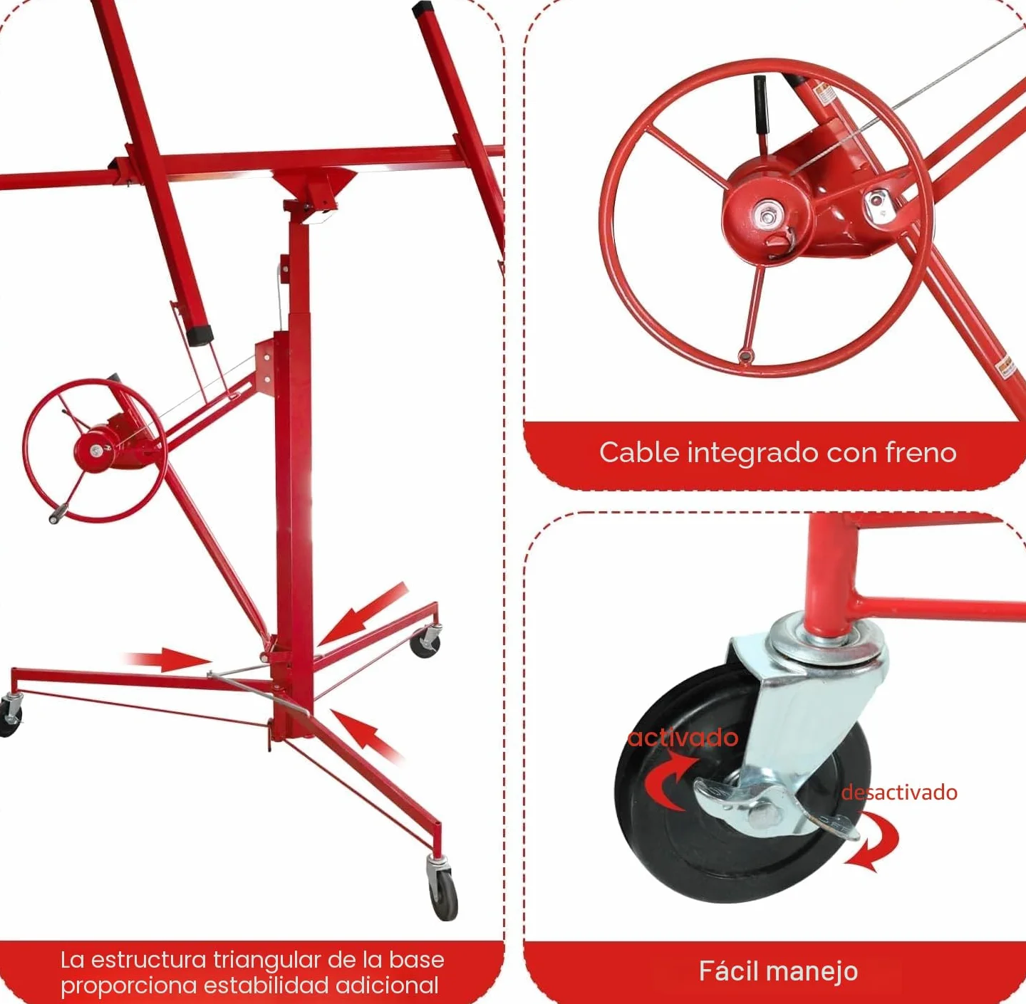 Ikodm - Elevador de placas plegable XXL para paneles de yeso, altura de trabajo ajustable de 132-335 cm, ancho máximo del brazo de carga de 290 cm y capacidad de carga de 68 kg, Rojo