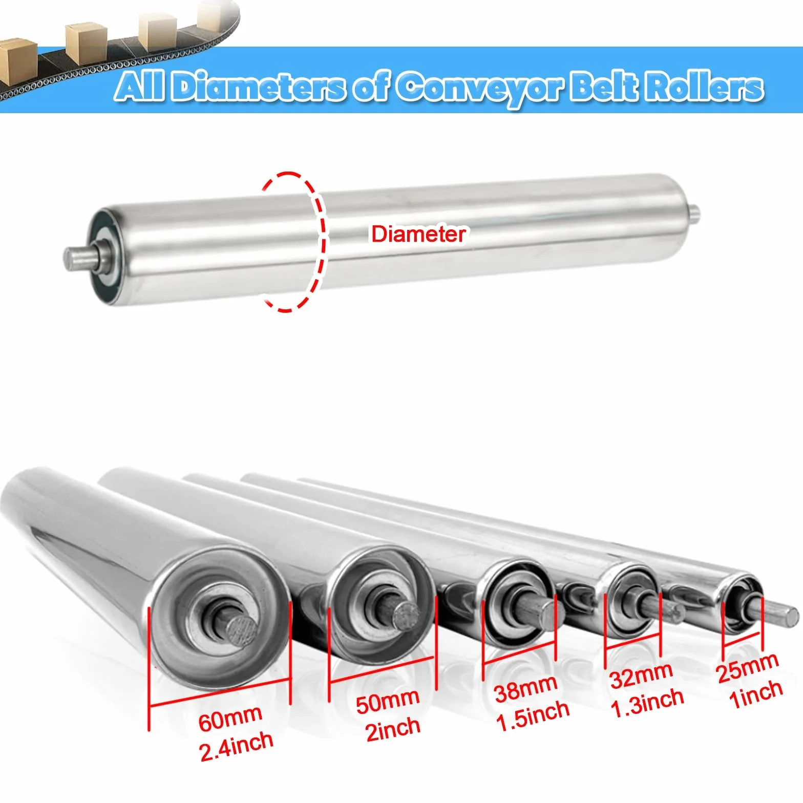 Paquete de 4 rodillos de repuesto para transportadores: 2", 2,4", 1,5", 1,3" y 1" de diámetro, rodillos de gravedad de transmisión por gravedad de acero inoxidable para fábricas, extremo galvanizado