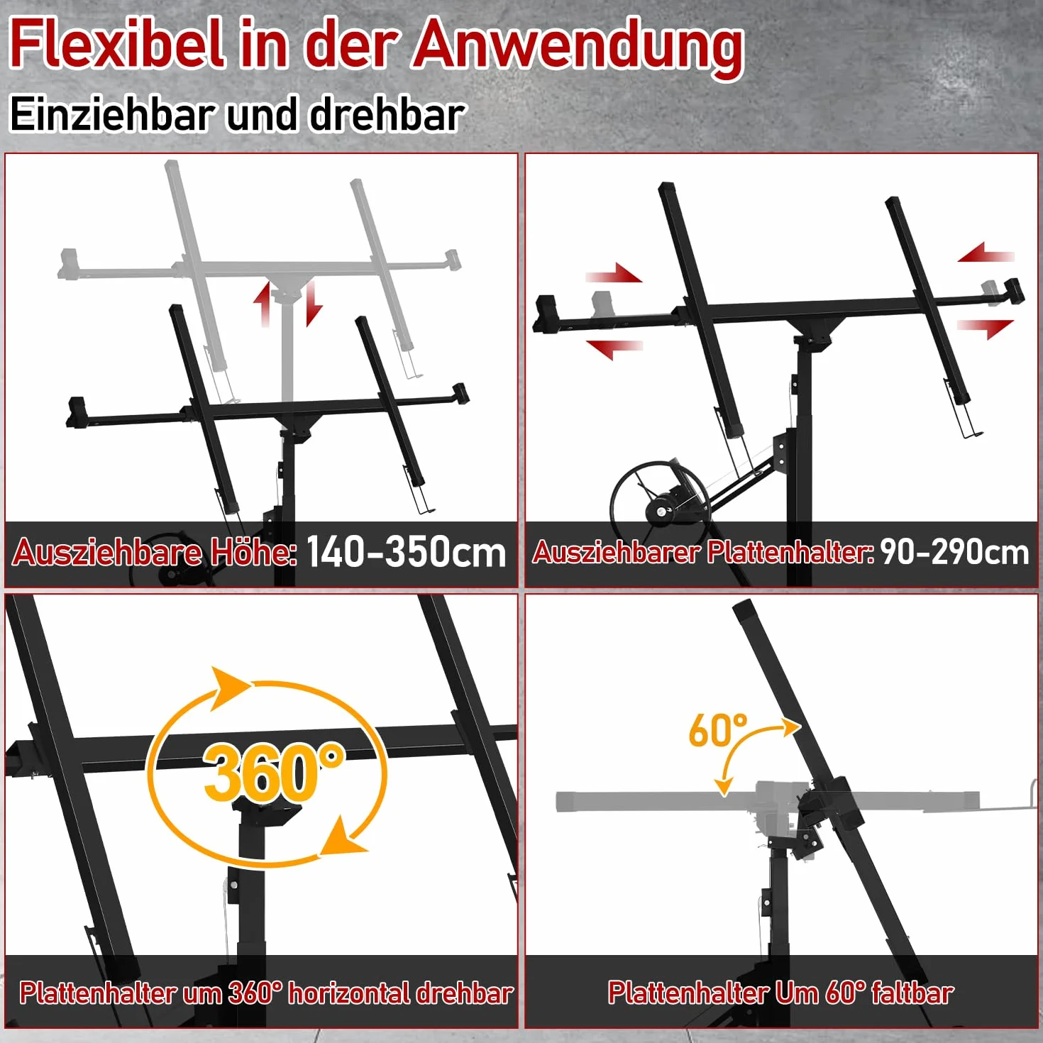 Sonnewelt - Elevador de placas negro, 68 kg de carga, plegable, altura ajustable XXL de 140 cm a 350 cm, ancho máximo del brazo de carga de 290 cm