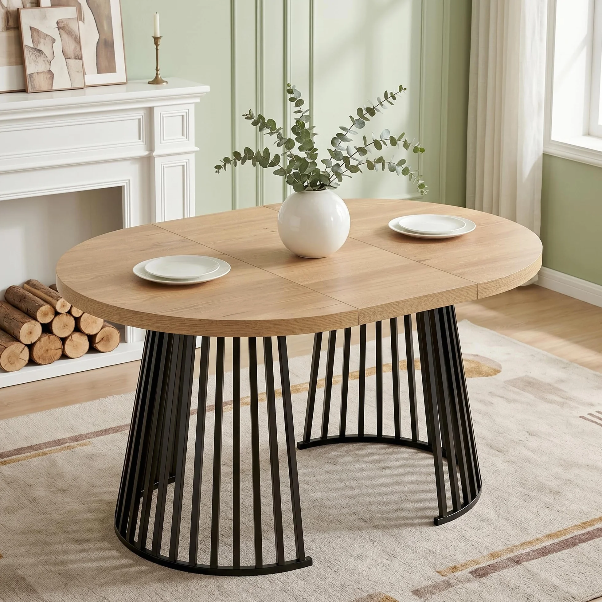 Wiuzo Mesa de comedor extensible de 100/138/176 x 100 cm, mesa de comedor redonda para 4-8 personas, diseño telescópico de dos piezas, tablero grueso (color roble + negro)