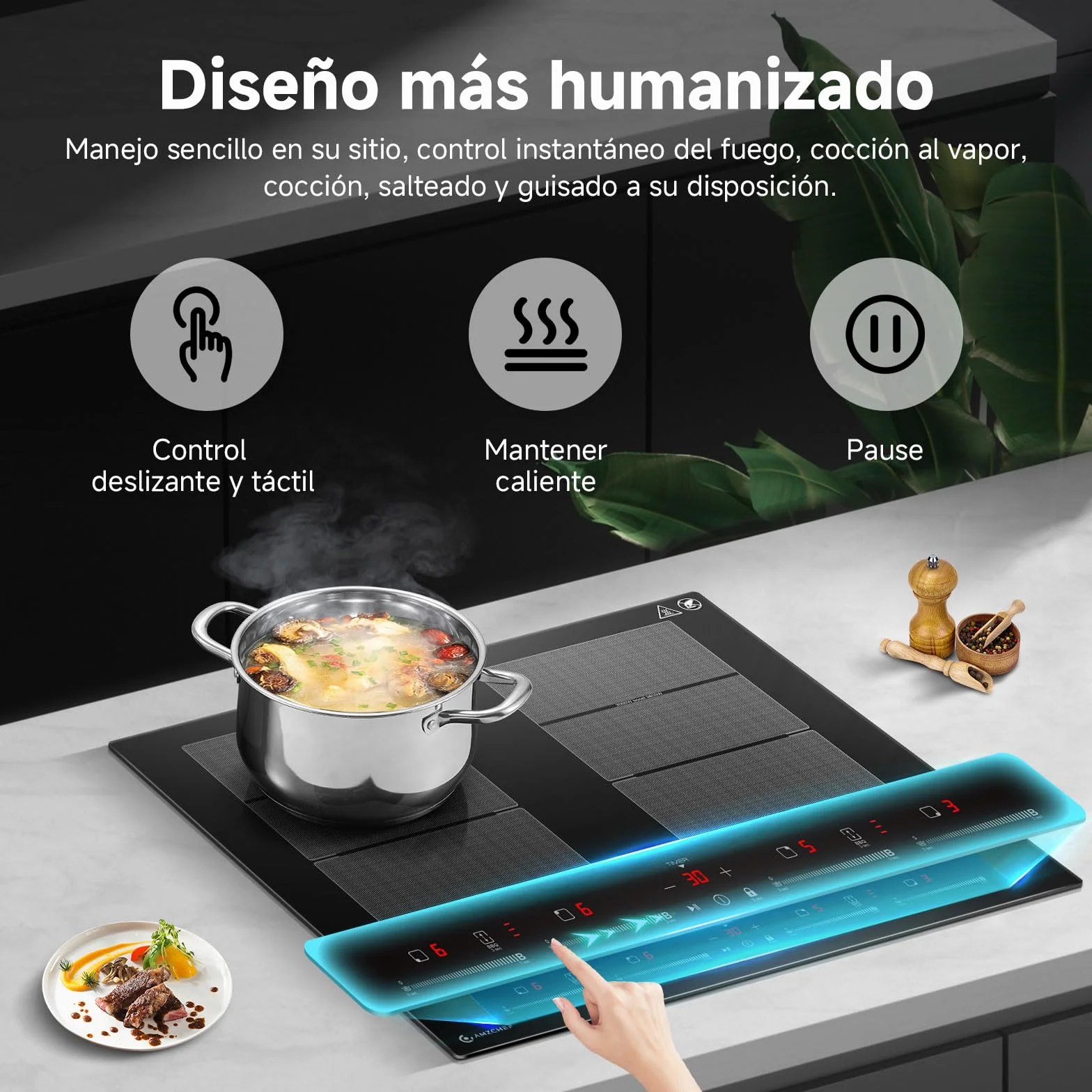 AMZCHEF placa inducción 4 zonas flexibles 7400W 42dB silencioso 9 niveles BBQ