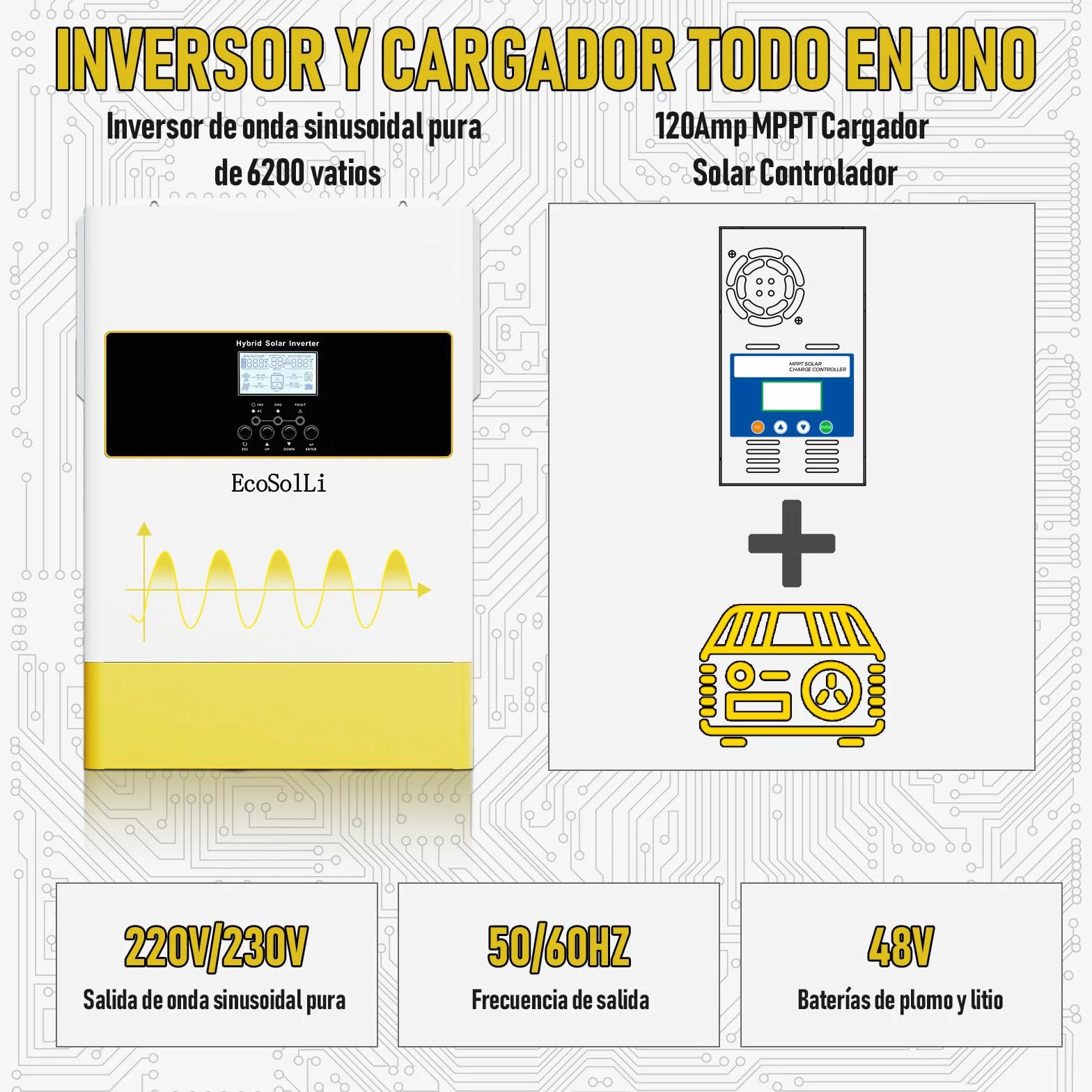 6200W Inversor híbrido 48V a 230v 220v, Funciona sin batería, función Paralelo, Onda Pura Off-Grid, 120A MPPT, admite baterías de Plomo-ácido y Litio, BMS, con módulo WiFi