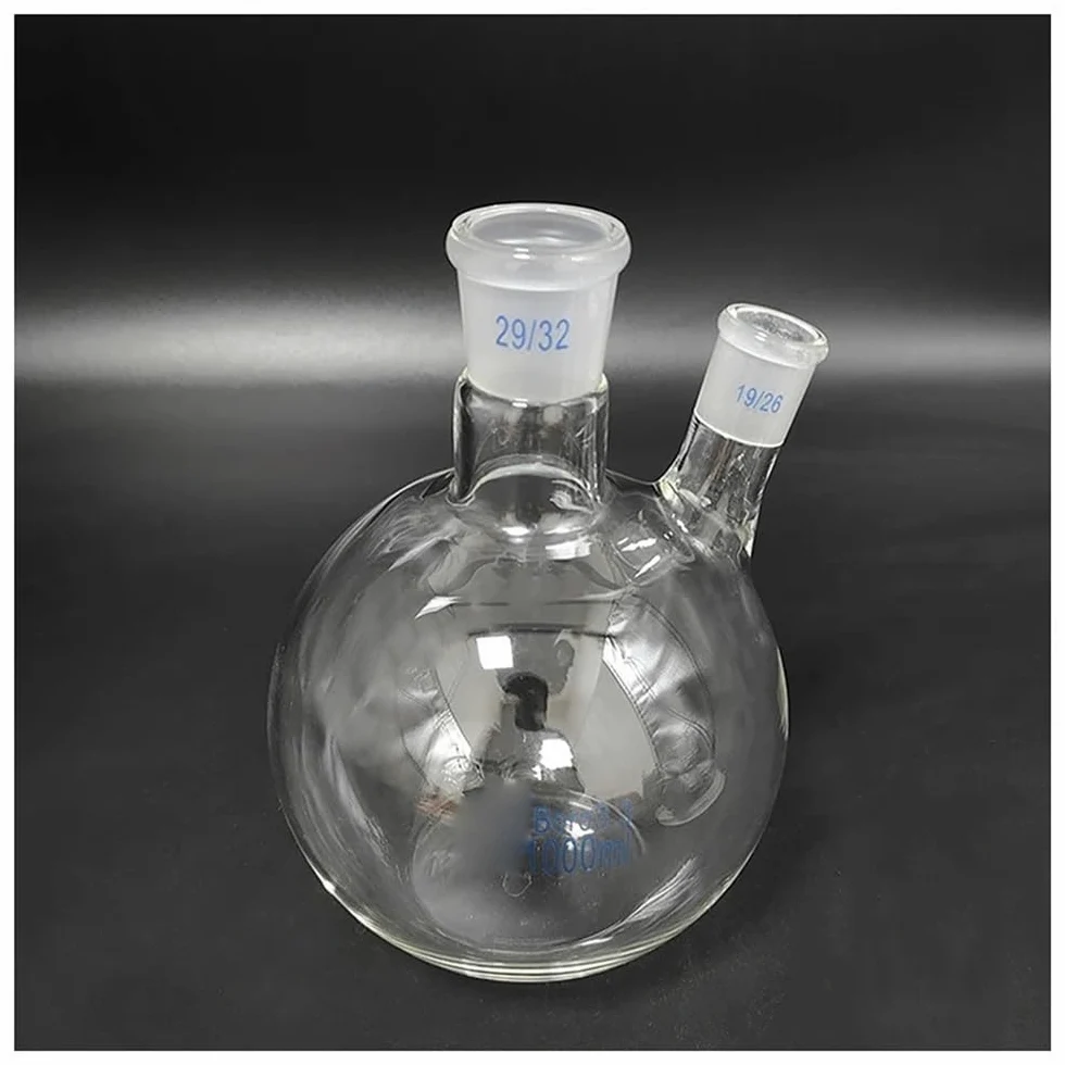Cristalería de Laboratorio Matraz de dos bocas oblicuas con boca esmerilada estándar de 1000 ml, fondo plano 29/32 + 19/26