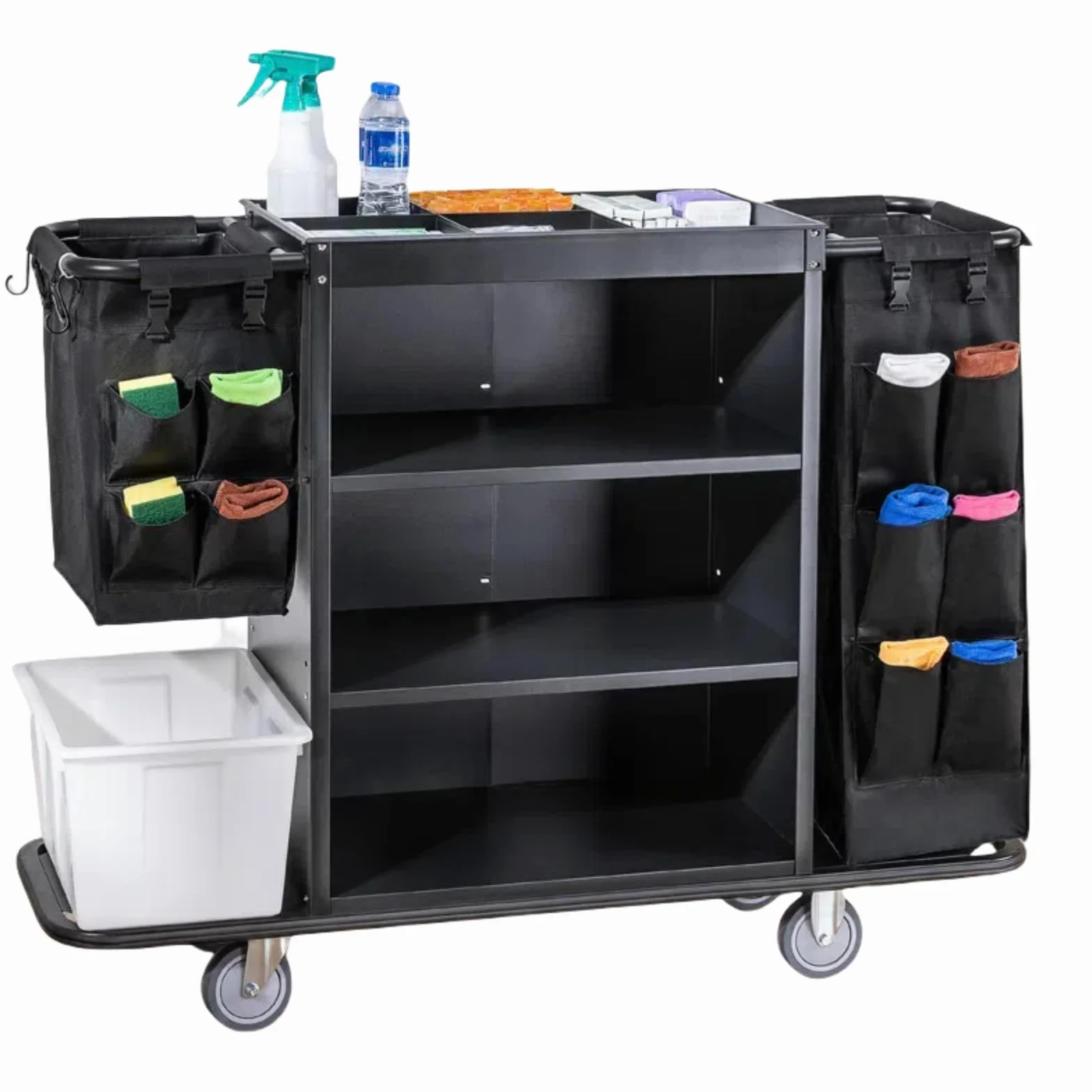 Carro Limpieza Comercial,Carro De Limpieza Hotelero,Limpieza con Bolsa De Gran Capacidad Y Ruedas,para Habitaciones, Restaurante, Limpieza Profesional,Negro,55×18×44in
