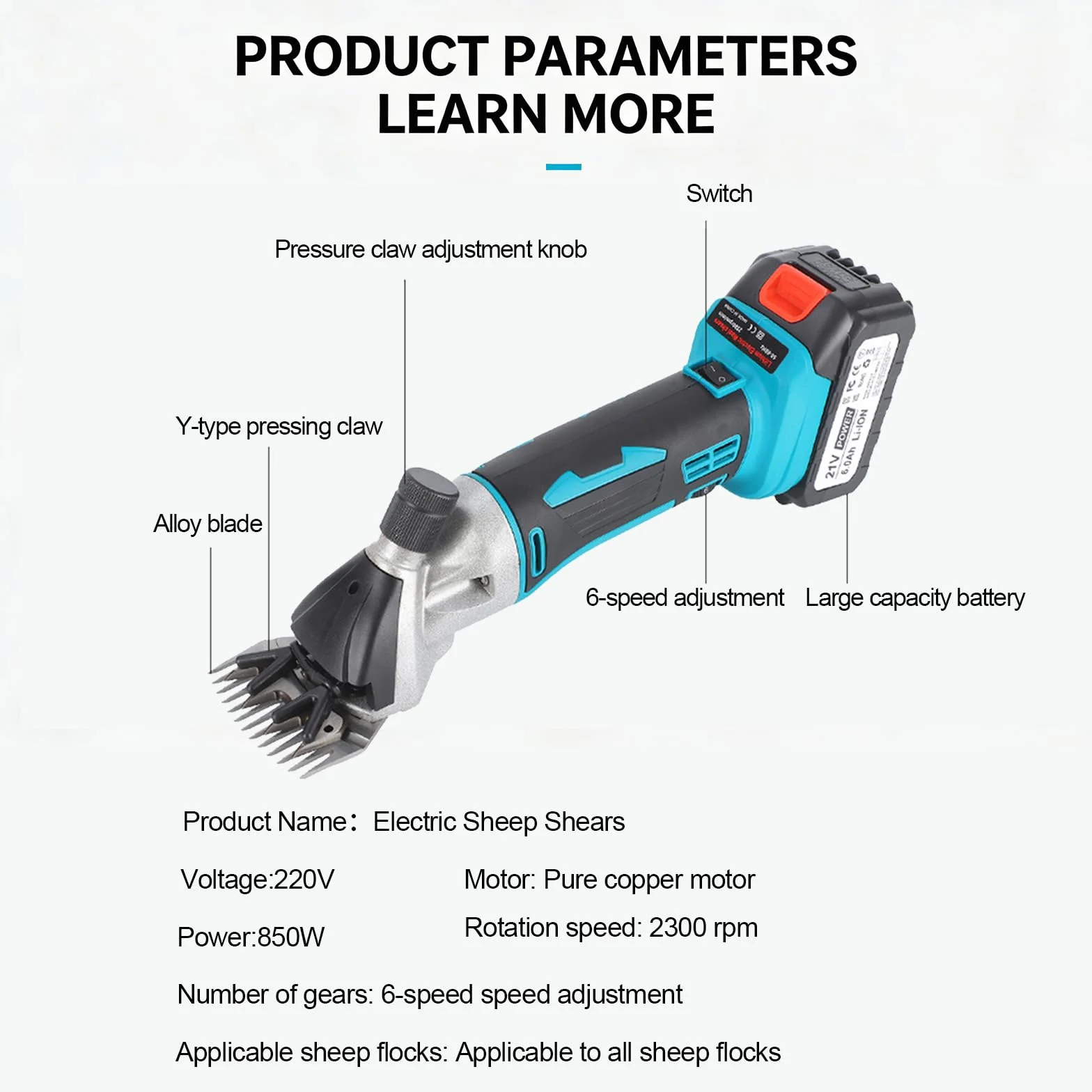 Esquiladora Inalámbrica Para Ovejas, Cortadora Eléctrica De Lana 850w Con 2×6000mah Baterías, 2300 Rpm, Tijeras Eléctricas De Lana De 6 Velocidades, Cuchillas De Acero 9/13 Dientes, Herramie 13 teeth