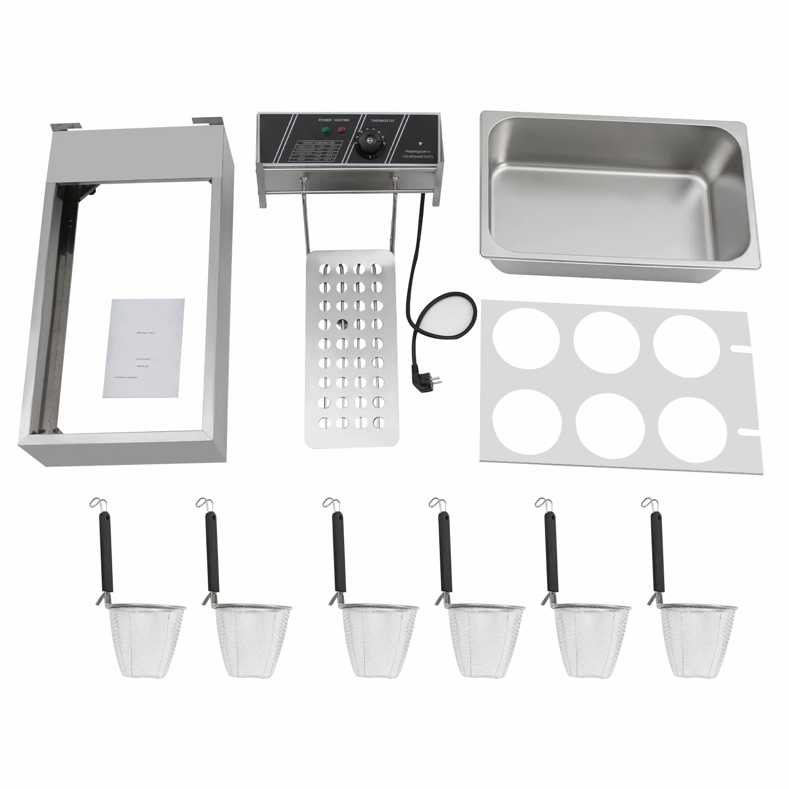 Hervidor de pasta eléctrico, 6 cestas, acero inoxidable, 2000 W, 20 L, calefacción rápida 60 – 200 °C, restaurante merienda, 6 ingredientes paralelos, 64 x 35 x 31 cm