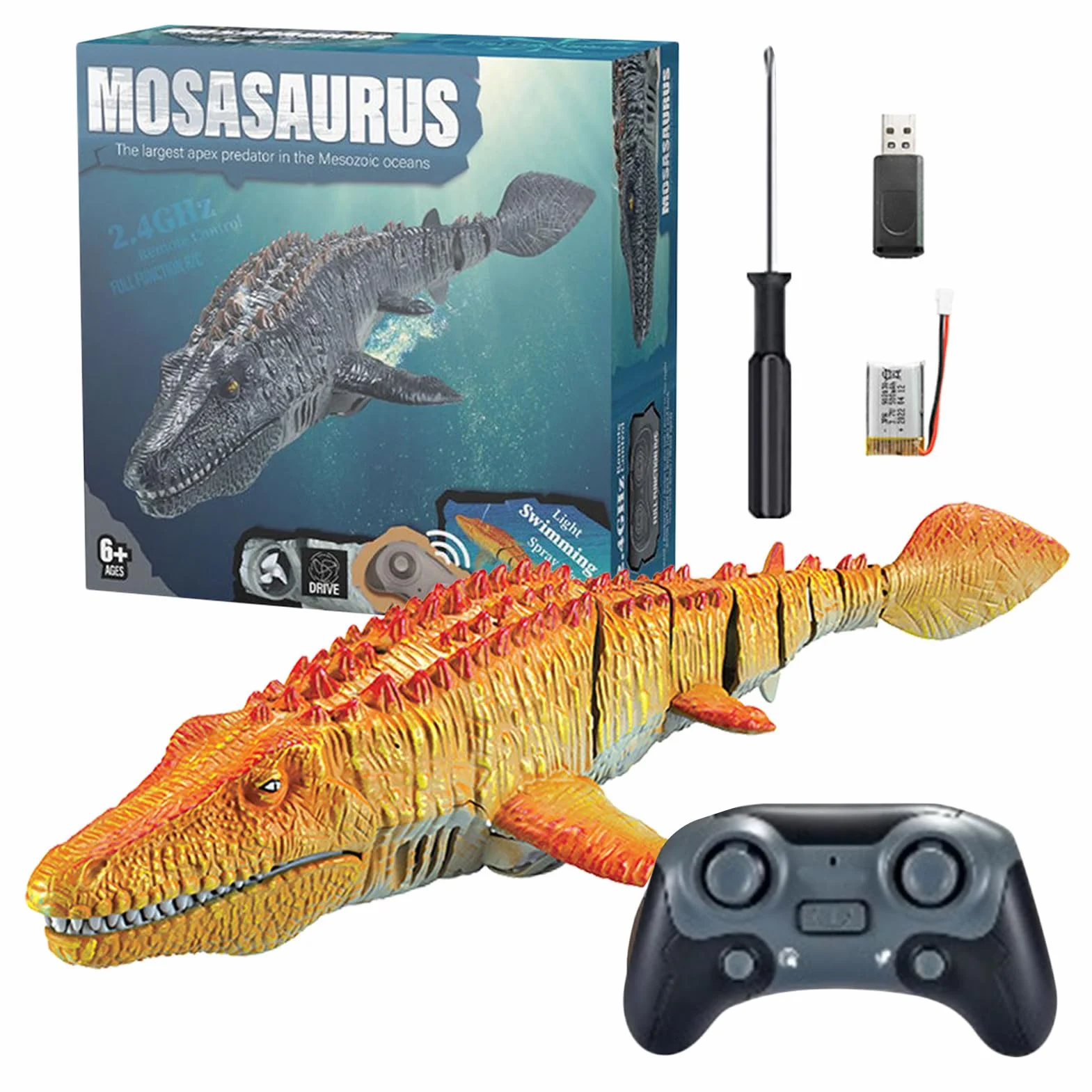 Mosasaurios de Buceo RC Juguete de Piscina con Luz y Pulverización