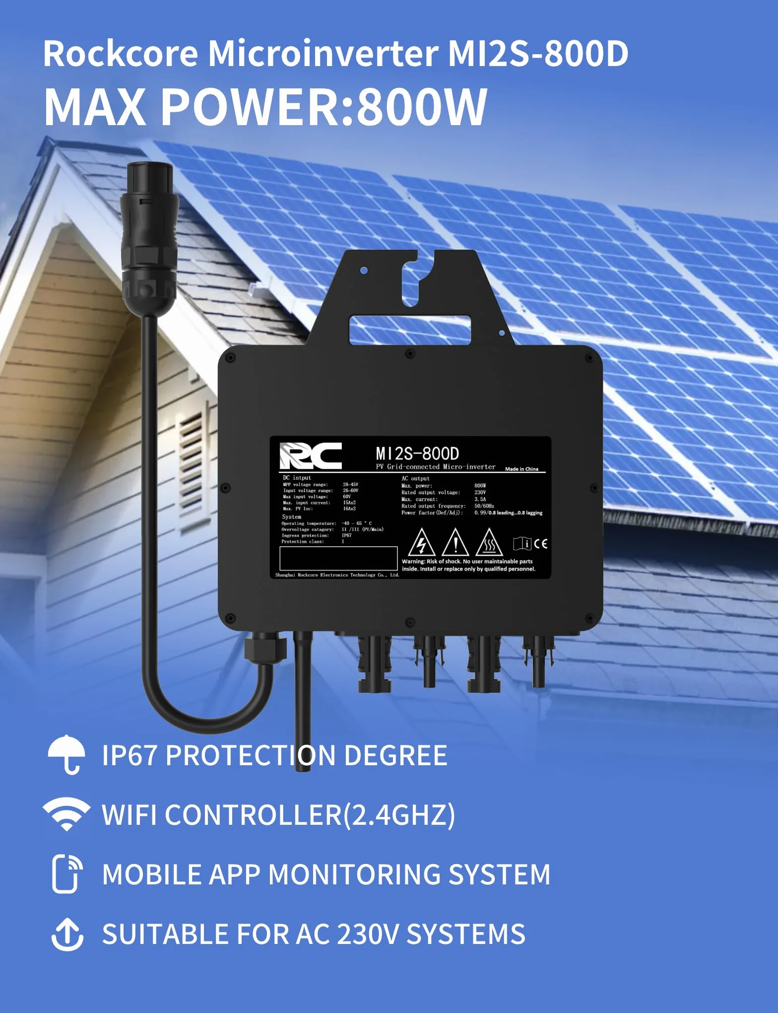 Inversor Micro RC 800W, Certificado CE, Rango de Entrada DC 26-60 V, inversor Solar MPPT, Control de la aplicación Mediante Wi-Fi, Adecuado para Sistemas solares en Balcones, IP67