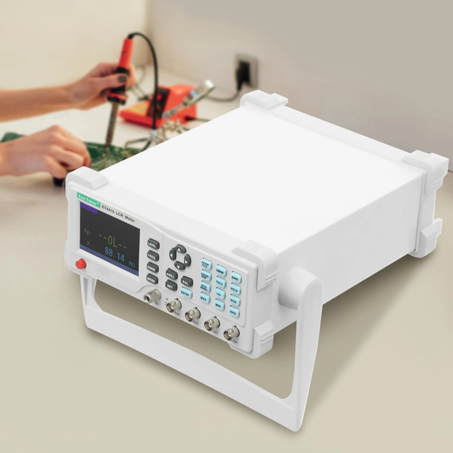 Medidor LCR ET4410,Medidor LCD digital de mesa de alta precisión,LCR con soporte ajustable Terminales de prueba Cable de alimentación Largo Pantalla LCD clara,Alta eficiencia Equipo de prueba