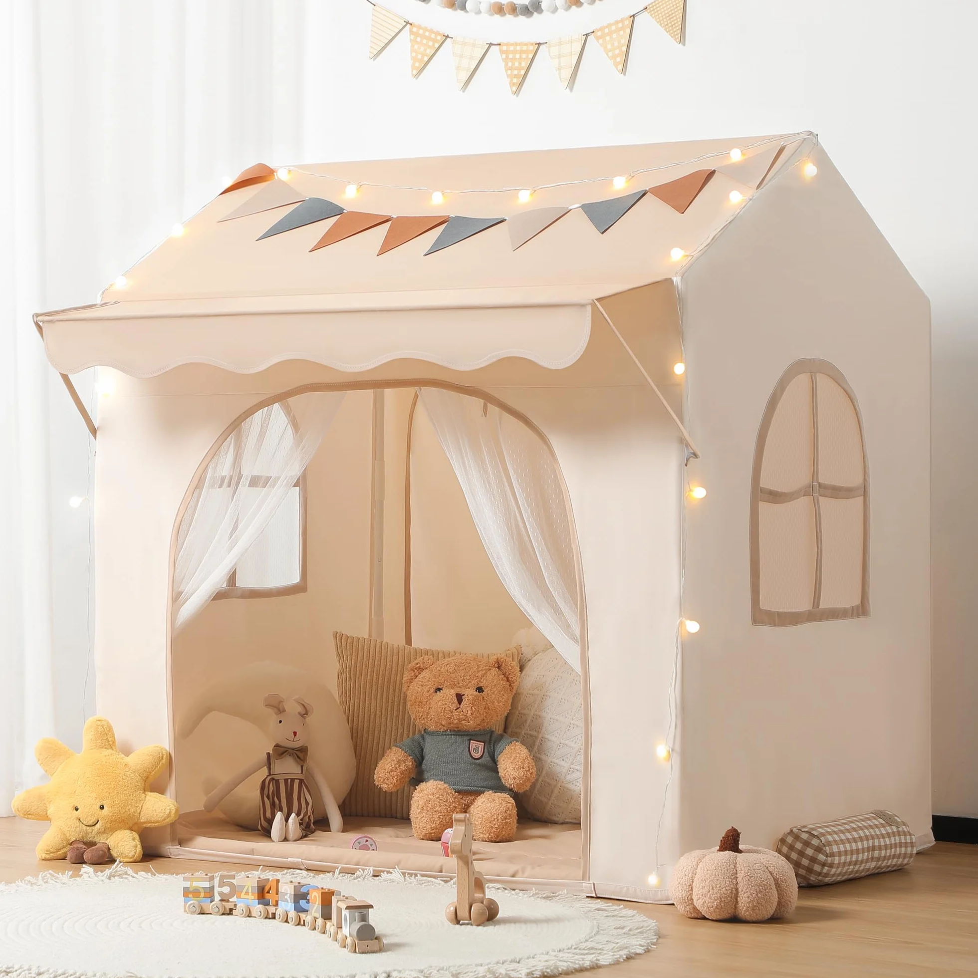 Besrey Tienda de Juego para Niños con Toldo, Casita Infantil 2 en 1 con Luz LED, Alfombra Acolchada