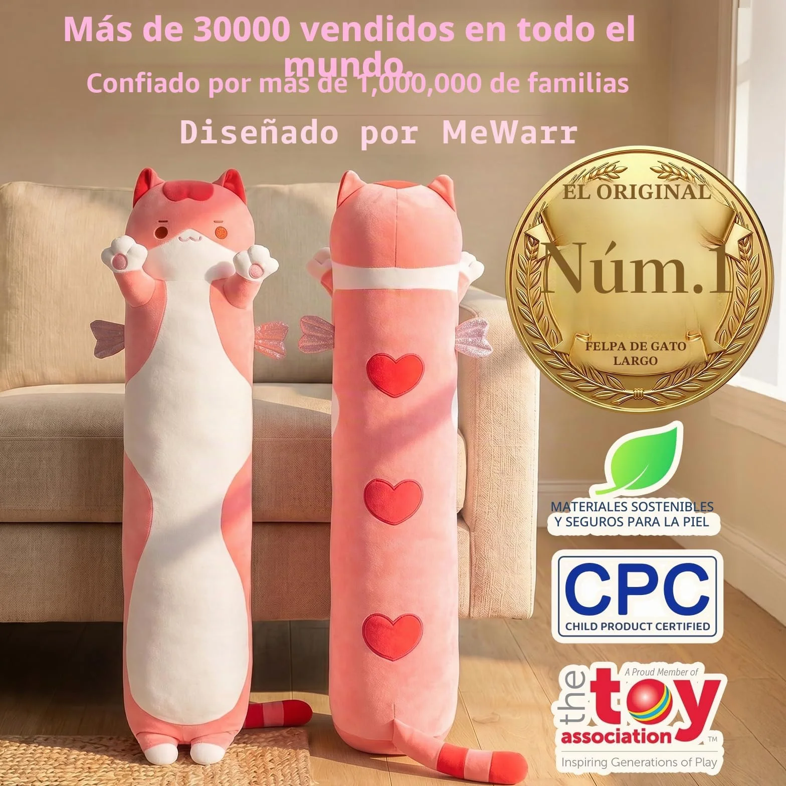 Mewaii Cojín de Peluche Gato Rosa 130 cm Kawaii Juguete para Niños