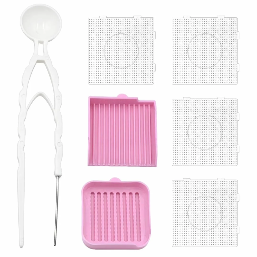 Pegboards Transparentes Resistentes al Calor para Perlas Hama 2,6mm 14,5×14,5cm con Pinzas Rosas, Espátula y Bandeja
