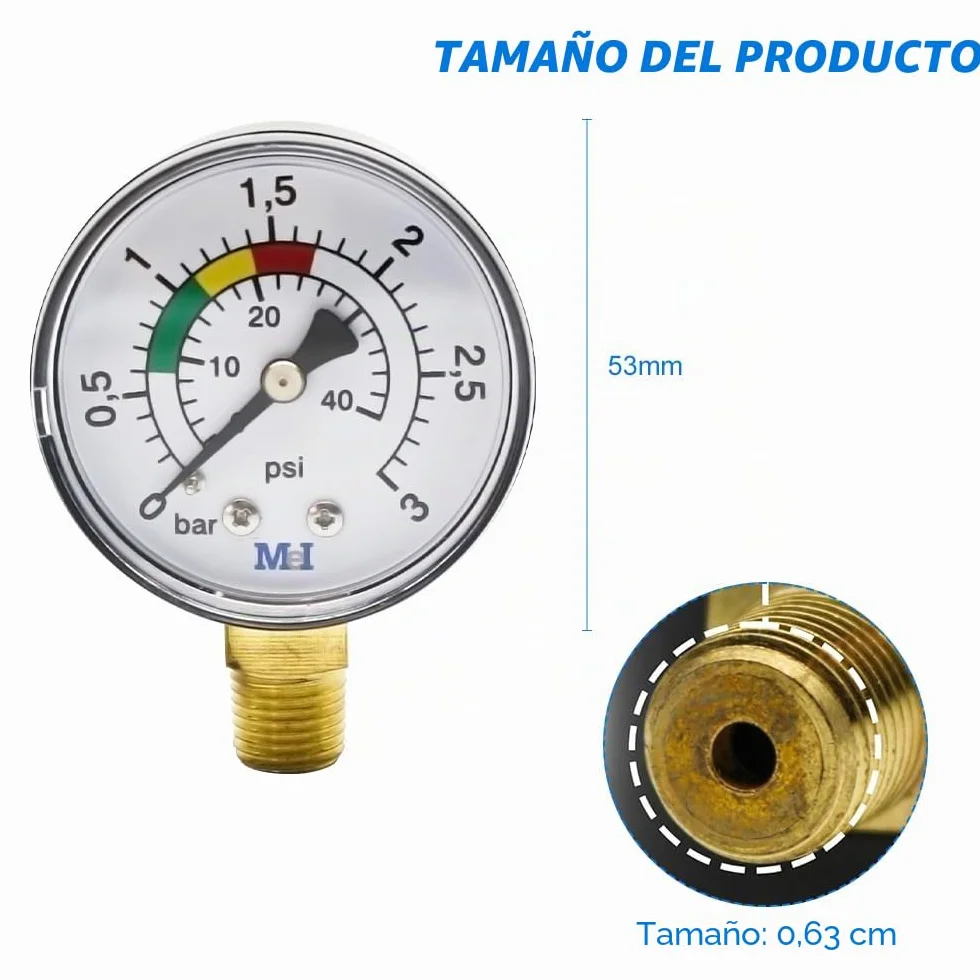Manómetro de Agua 1/4 BSPT 0-3BAR/PSI Ø50mm para Piscinas Filtros y Bombas