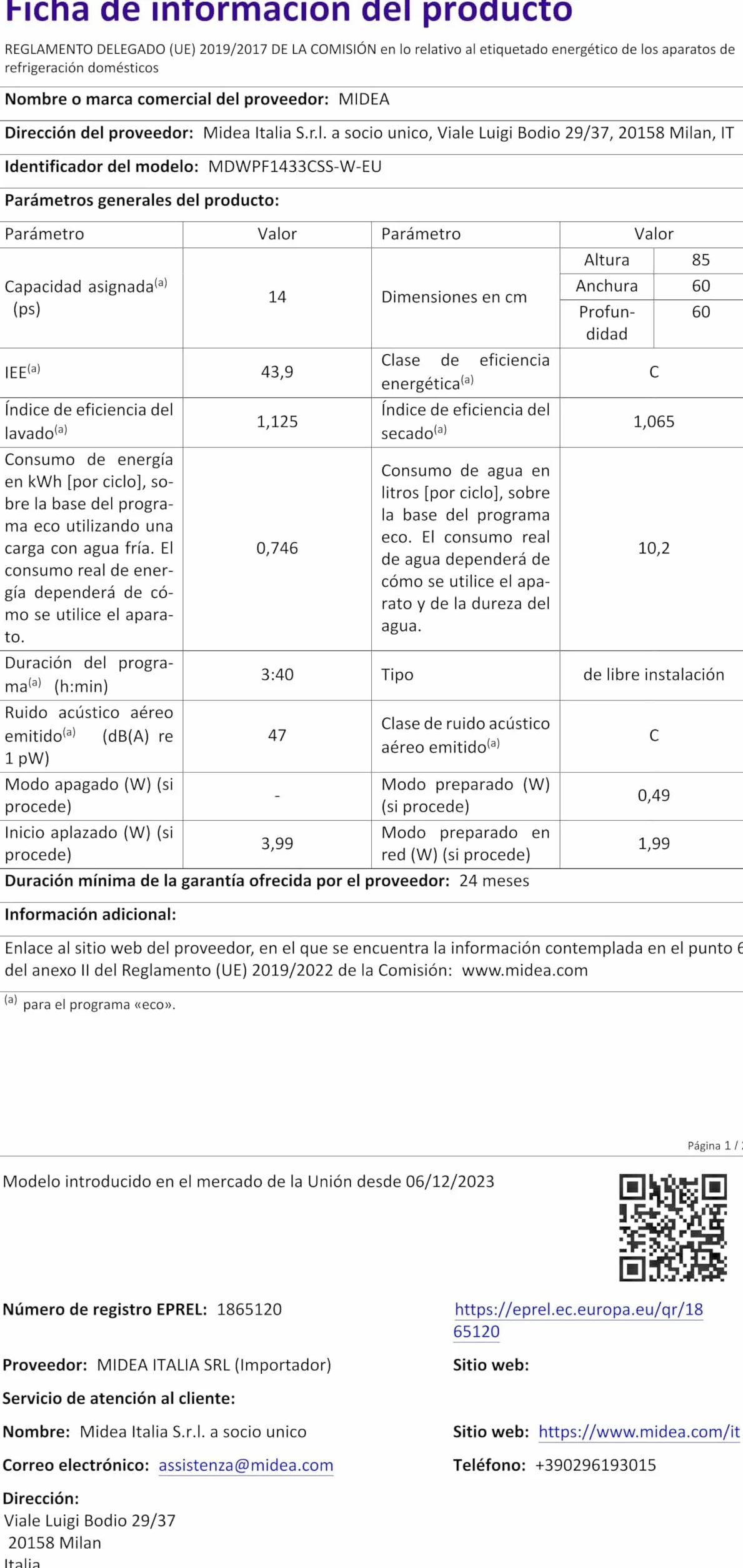 Midea Lavavajillas 60 cm Inox 14 servicios Libre instalación Compacto 10 Programas Filtro Antibacterias Programación Horaria