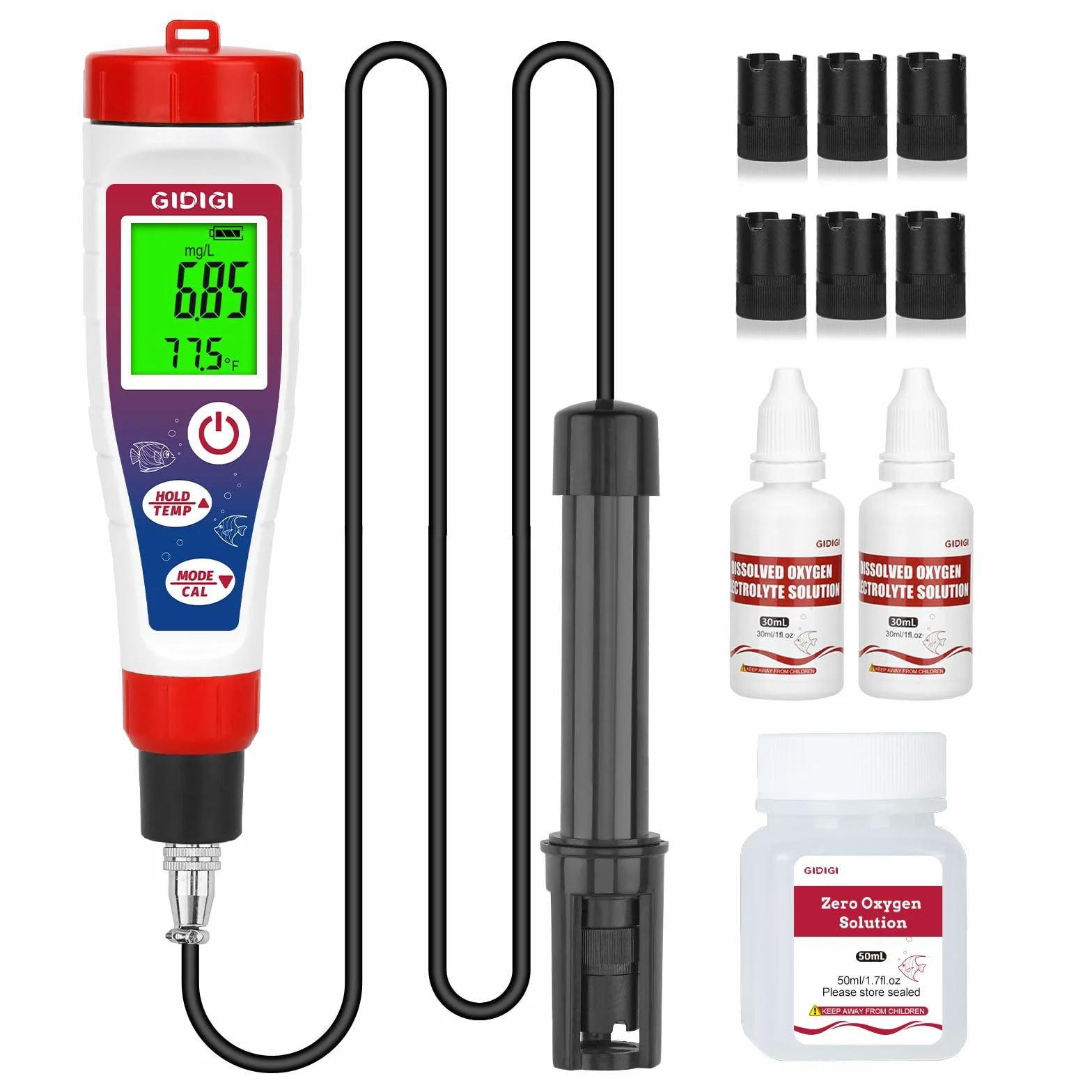 Medidor de oxígeno disuelto, probador de oxígeno de estanque, probador DO de 0.0-40.0 mg/L con cable de sonda extendido de 5 pies, ATC, LCD retroiluminado, para estanque, acuario, aguas residuales