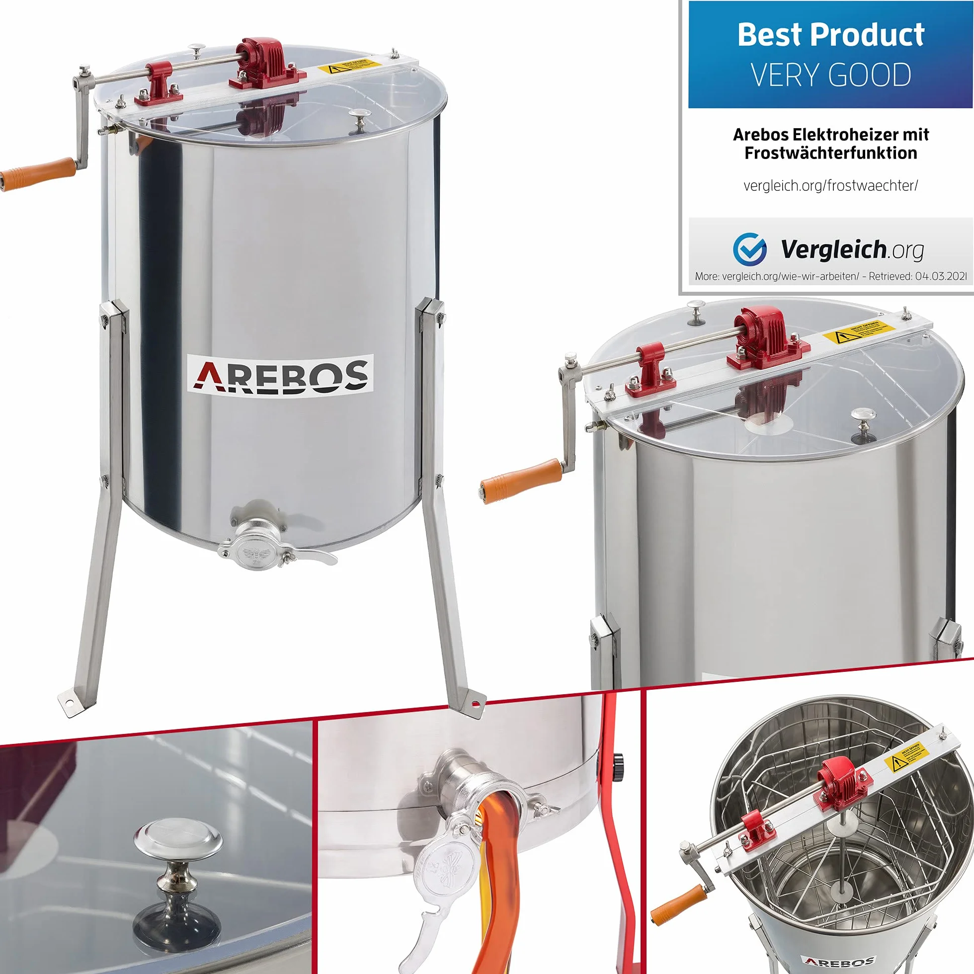 Arebos Extractor manual de miel Premium | 4 marcos para panales | Extractor tangencial de acero inoxidable | Extractor de miel con tapa | Accesorios para apicultura y apicultores