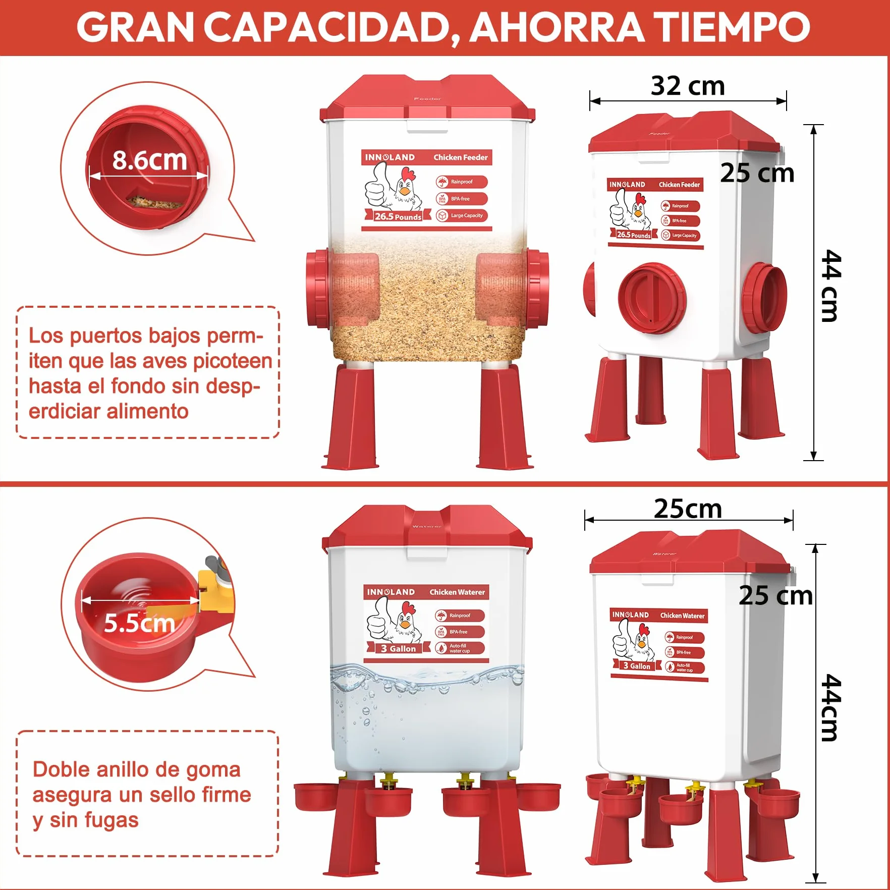 Comedero y Bebedero Automático para Gallinas 12KG 11L Anti Ratas 4 Comederos 3 Puertos Alimentación Alta Capacidad