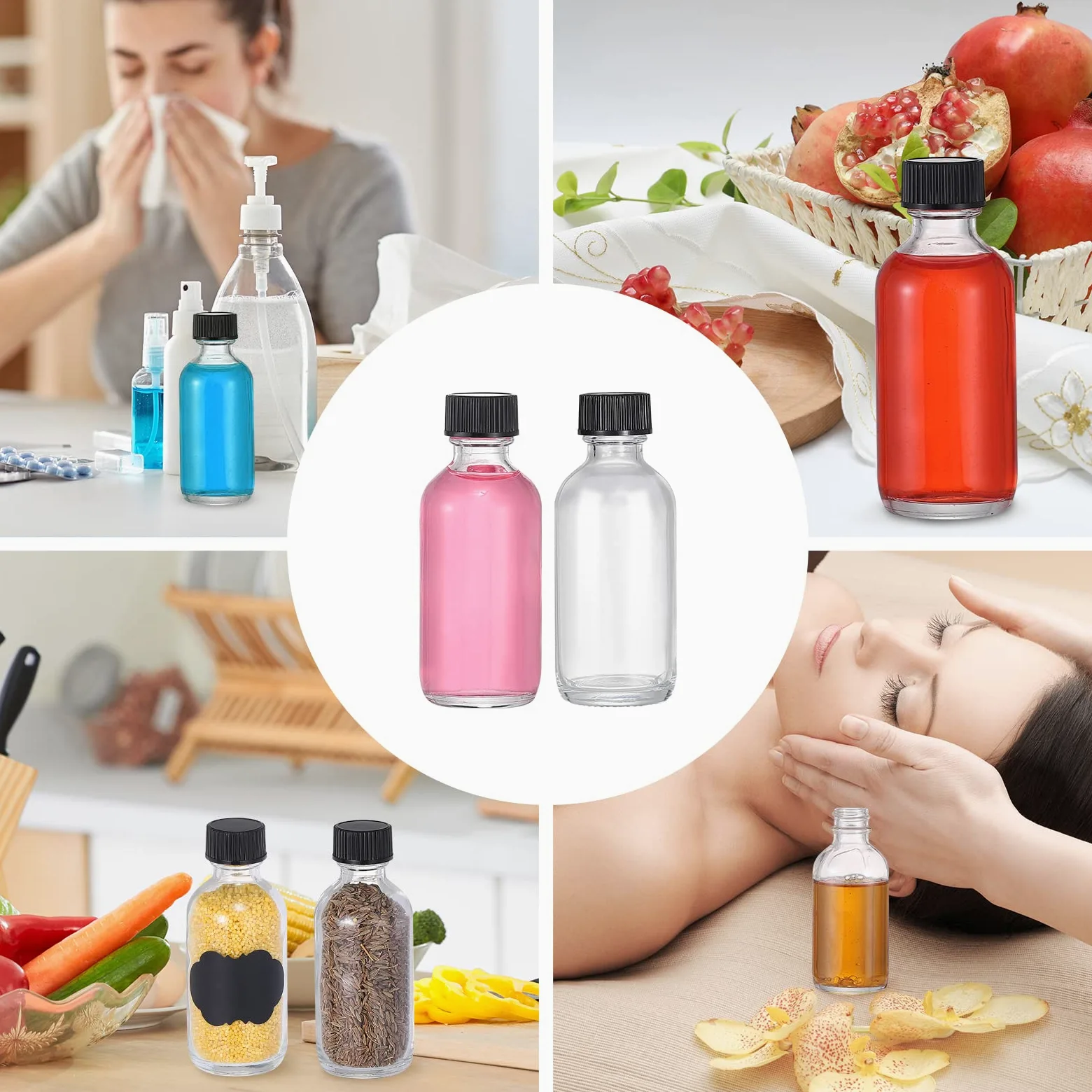 72, botellas pequeñas de vidrio transparente de 2 onzas con tapas, botellas redondas de muestra Boston para aceite esencial, salsa picante, jugo, whisky, bourbon líquido vienen con 5 embudos, 5