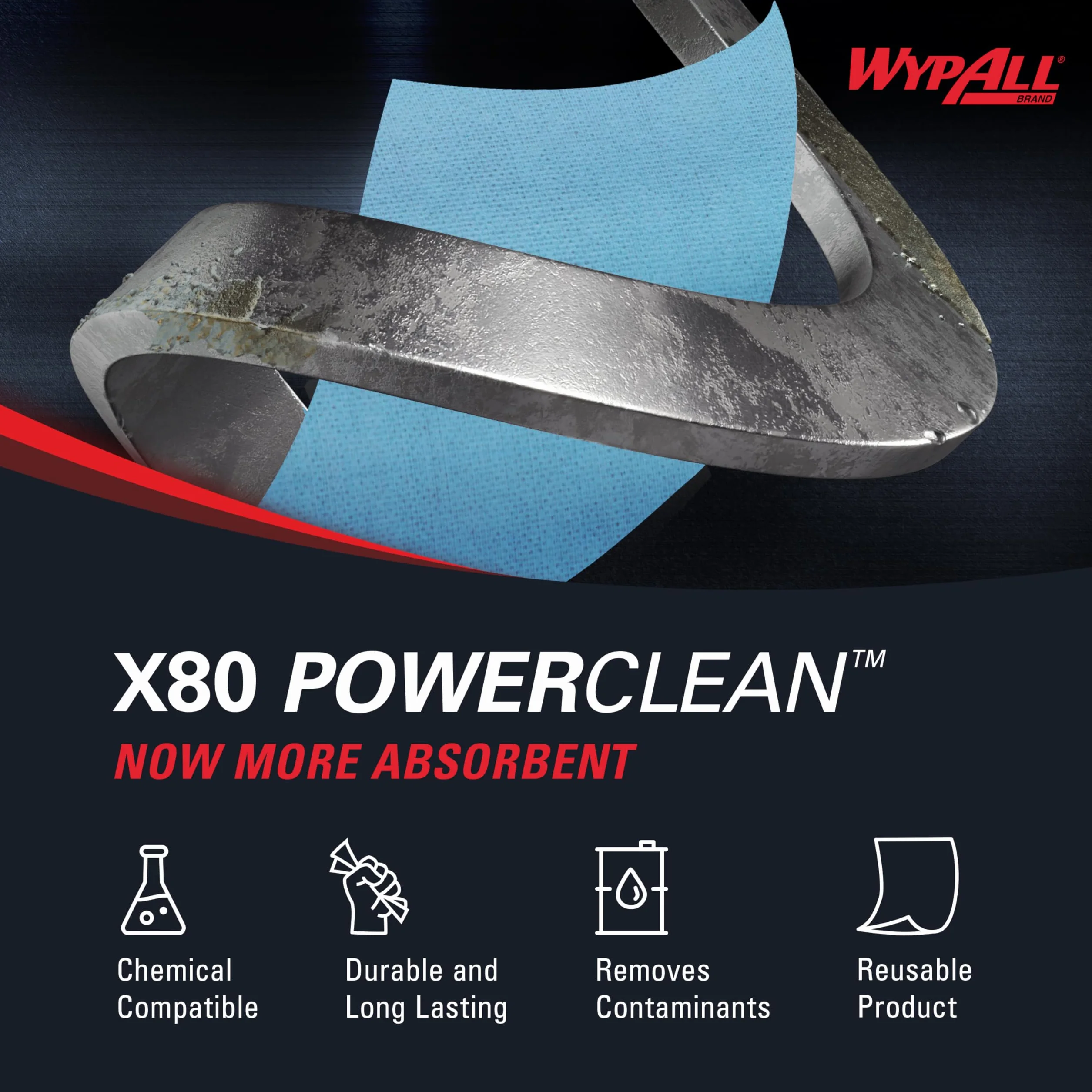 Paños WypAll X80 Power Clean, Paños de limpieza reutilizables industriales, Rollo azul de alta capacidad con 455 paños absorbentes de 1 capa​, Número de modelo 8347
