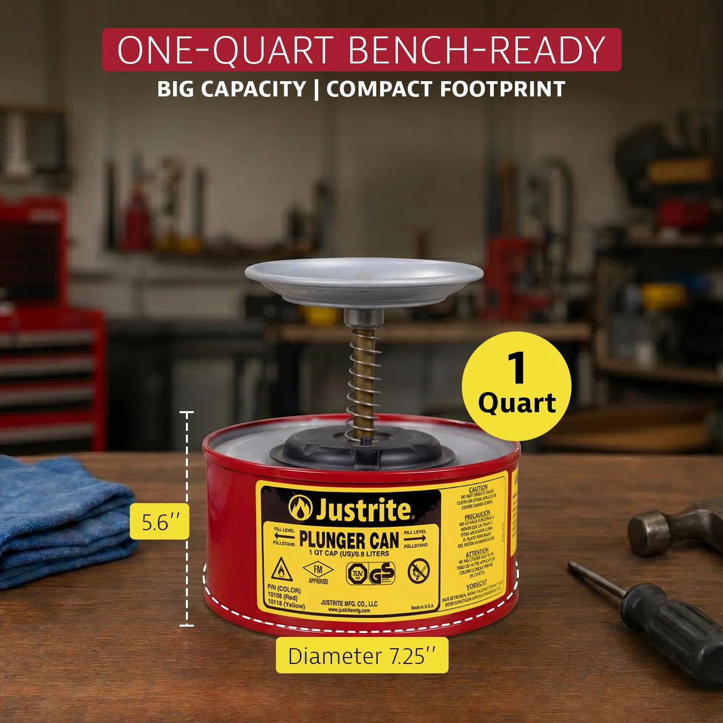JustRite 10108 émbolo de acero de seguridad para abrir latas, con montaje de bomba Ryton, Capacidad de 1 L, 7 – 1/4 "OD x 5 – 7/8" de altura (18,4 x 14,7 cm), rojo