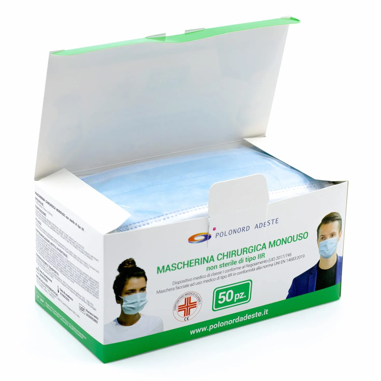 50 mascarillas quirúrgicas desechables de 3 capas tipo IIR resistentes a las salpicaduras y conformes a la norma UNI EN 14683:2019+AC:2019 | BFE >98%