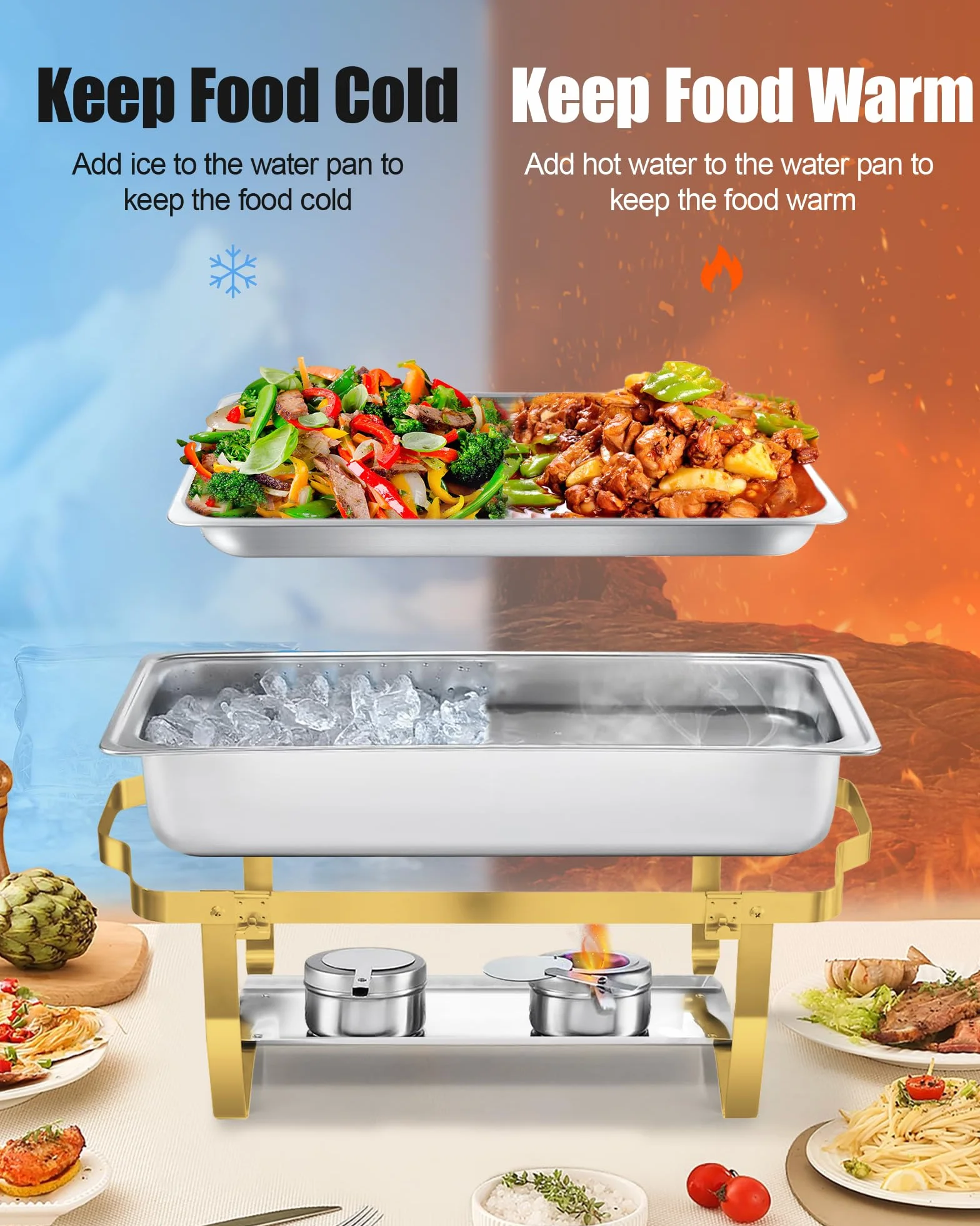 Chafing Dish Buffet Set 9L Acero Inoxidable Oro Plata Acabado Espejo Borde Enrollado Calentador Alimentos Catering