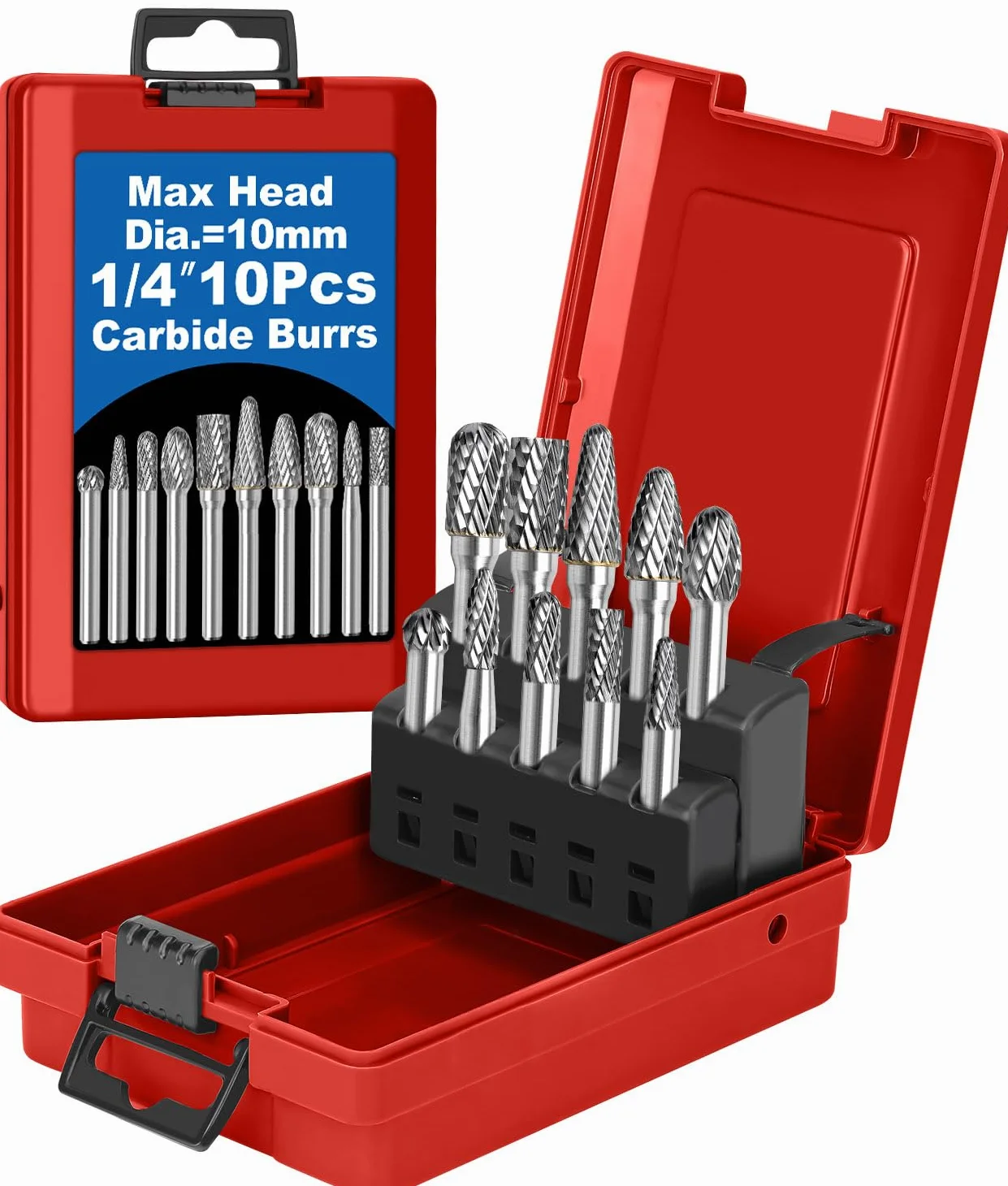 Sworker Juego de 10 rebabas de carburo con vástago de 1/4 con caja roja de cabeza máxima de 10 mm de diámetro y brocas de amoladora de troquel, herramientas giratorias, accesorios de escofina
