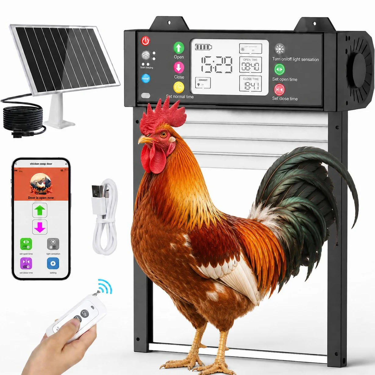 Shinmax Inteligente Puerta Automática Solar para Gallinero con App WiFi 2,4 GHz Sensor Luz Temporizador Antipinzamiento Pantalla LCD Batería 4000mAh