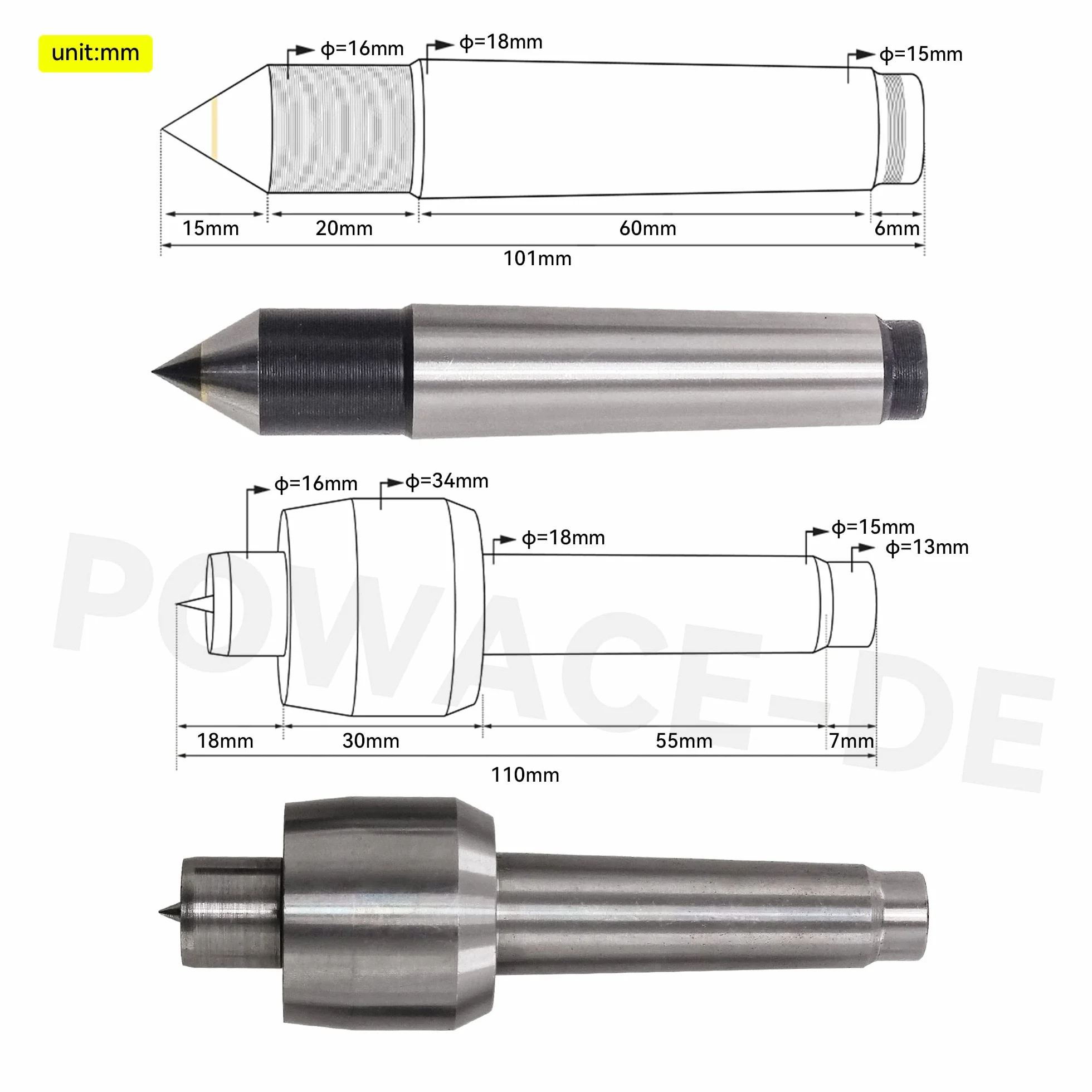 RATTMMOTOR Cono central Morse de 65 mm, 2 piezas de contrapunto móvil MT2, con 4 cabezales intercambiables para ejes giratorios CNC y piezas de torno de metal