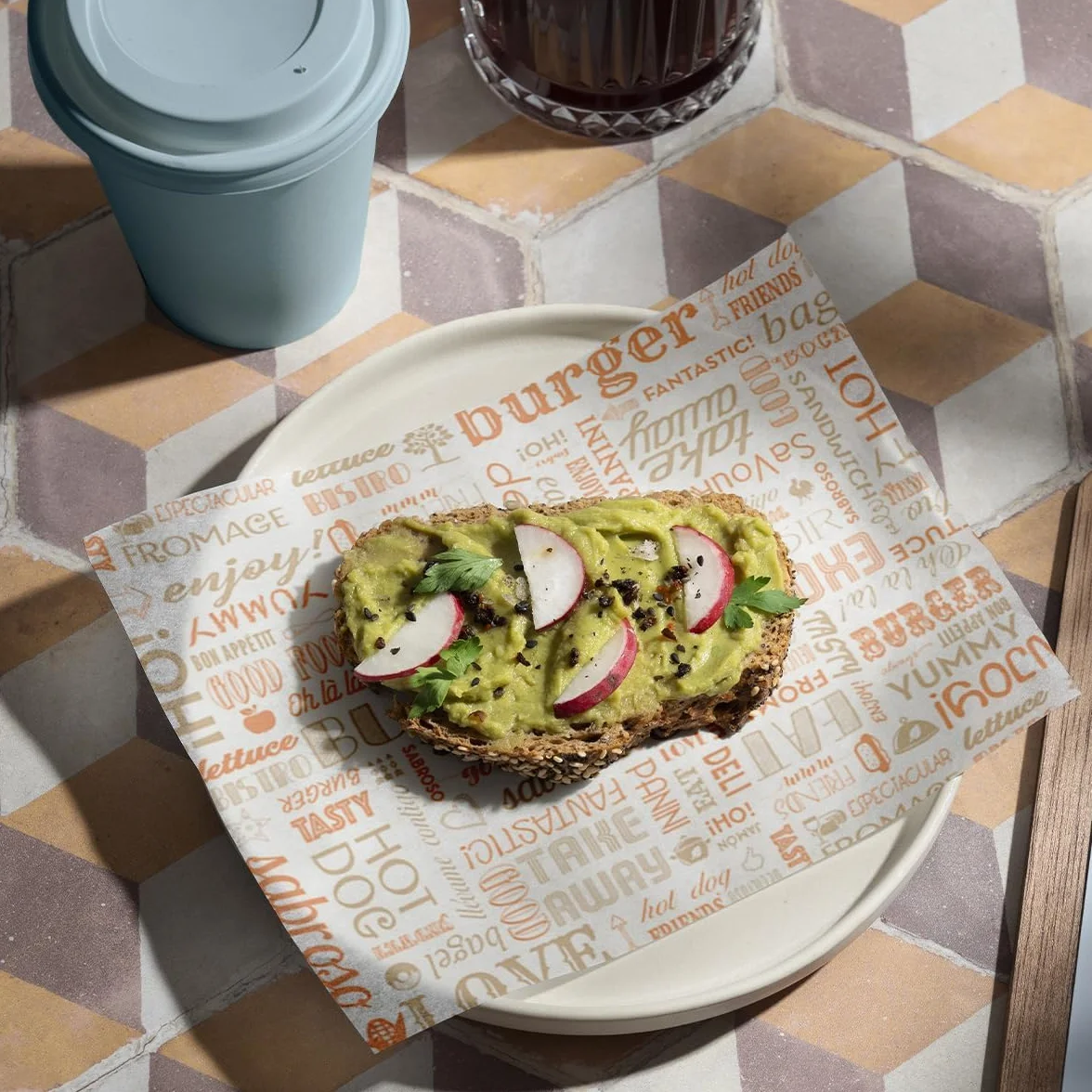 500 Piezas Papel Antigrasa Multicolor 30x20 cm - Hamburguesas, Kebab, Patrón Parole Naranja y Ajedrez
