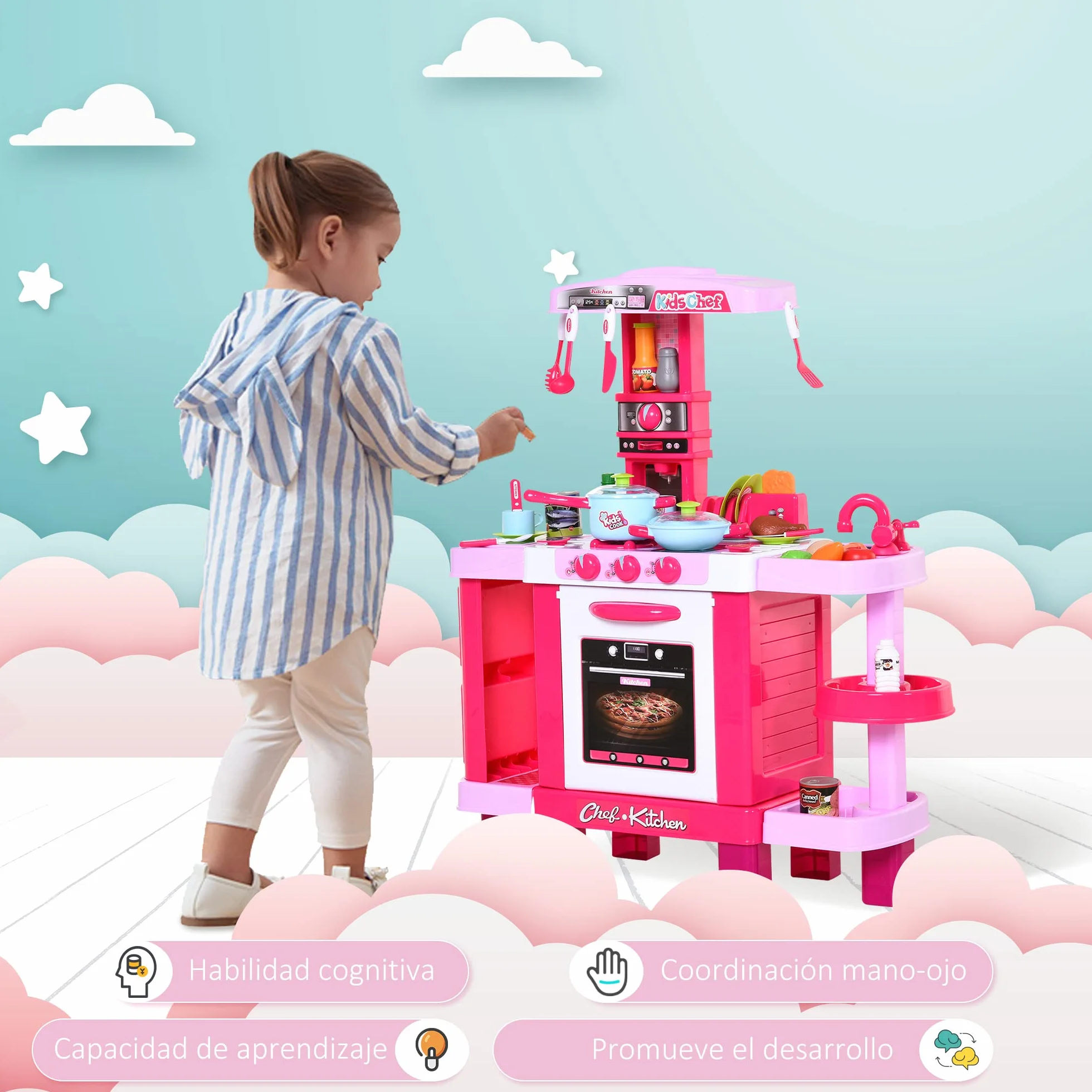 HOMCOM Cocina de Juguete para Niños 38 Accesorios Luz Sonido 78x29x87 cm Rosa