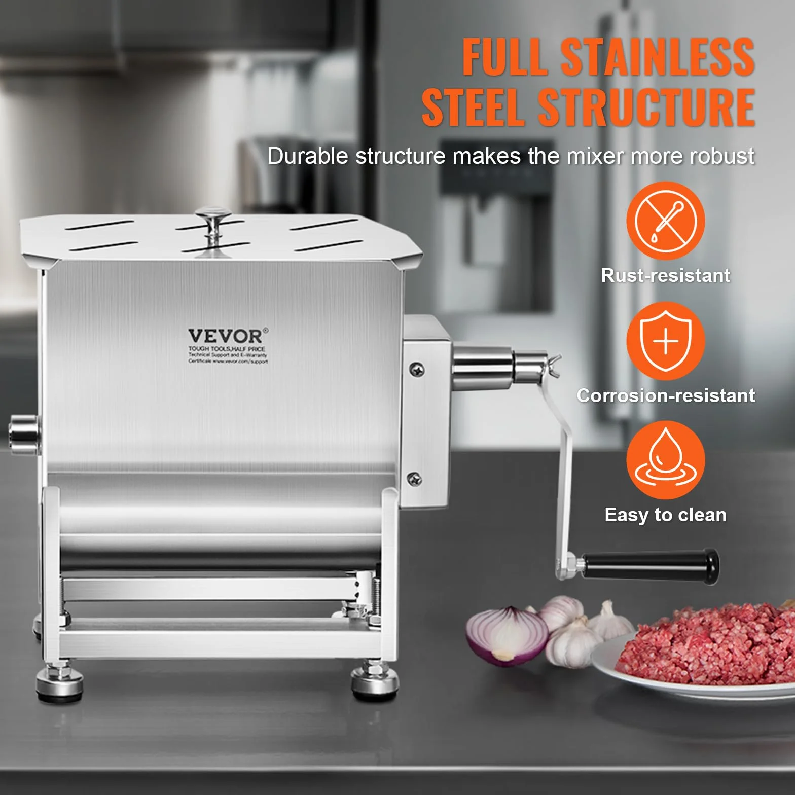 VEVOR Mezcladora de Carne Manual Tanque de 10 L, Equipo de Procesamiento de Carne, Capacidad Máxima de Mezcla de 6,8 kg, Mezcladora de Salchichas de Acero Inoxidable con Tapa, Caja de Engranajes